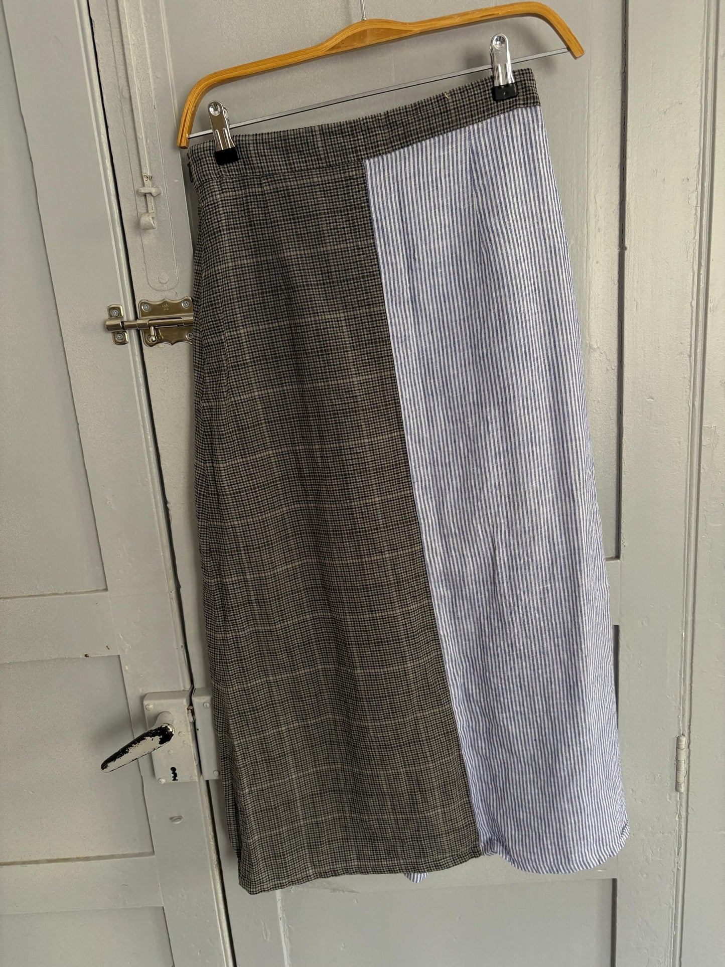 Vintage Black Velvet Circus Wool Linen Midi Skirt, Blue Striped Panel Skirt, Summer High Waist Skirt, Size S