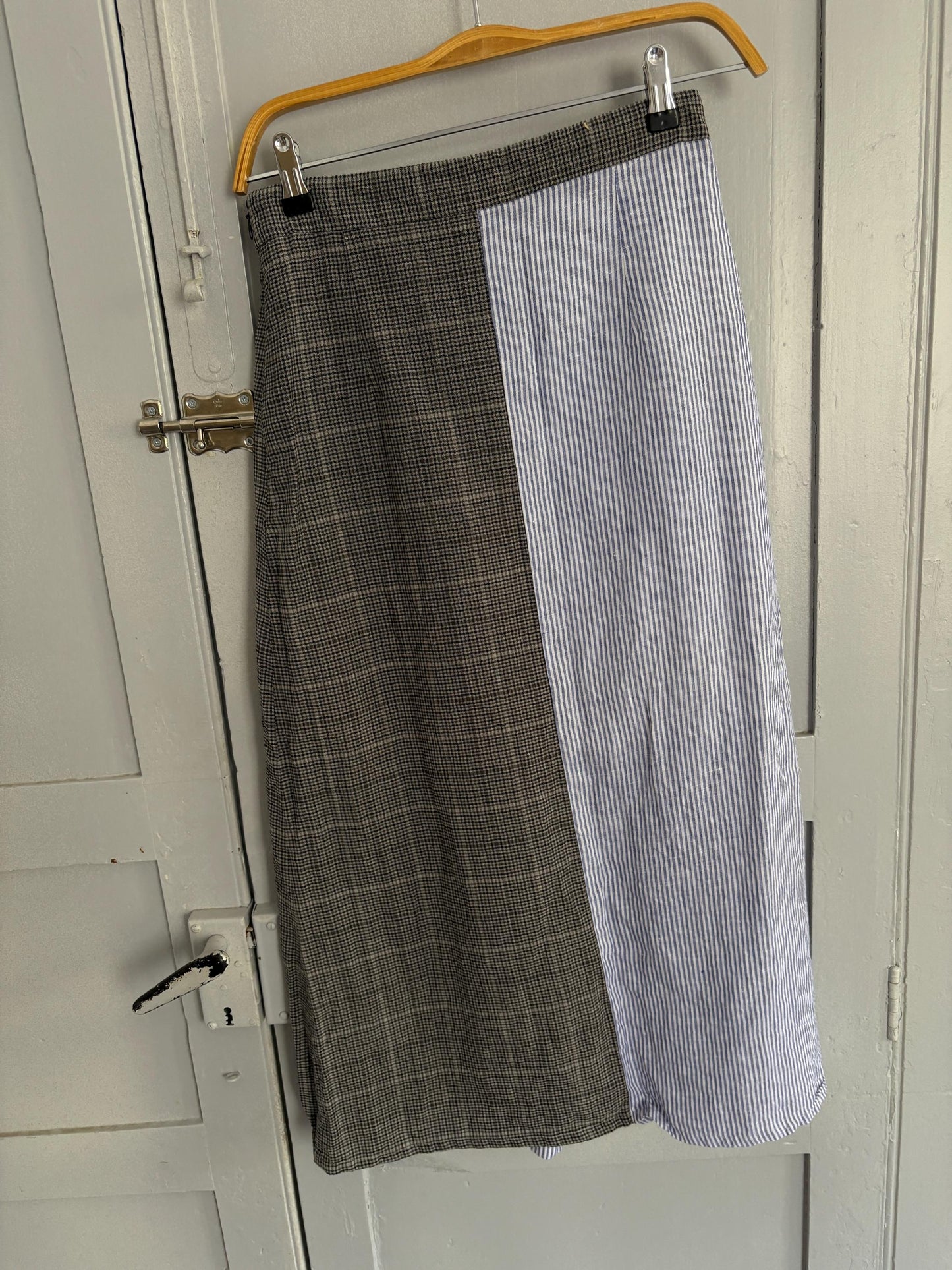 Vintage Black Velvet Circus Wool Linen Midi Skirt, Blue Striped Panel Skirt, Summer High Waist Skirt, Size S