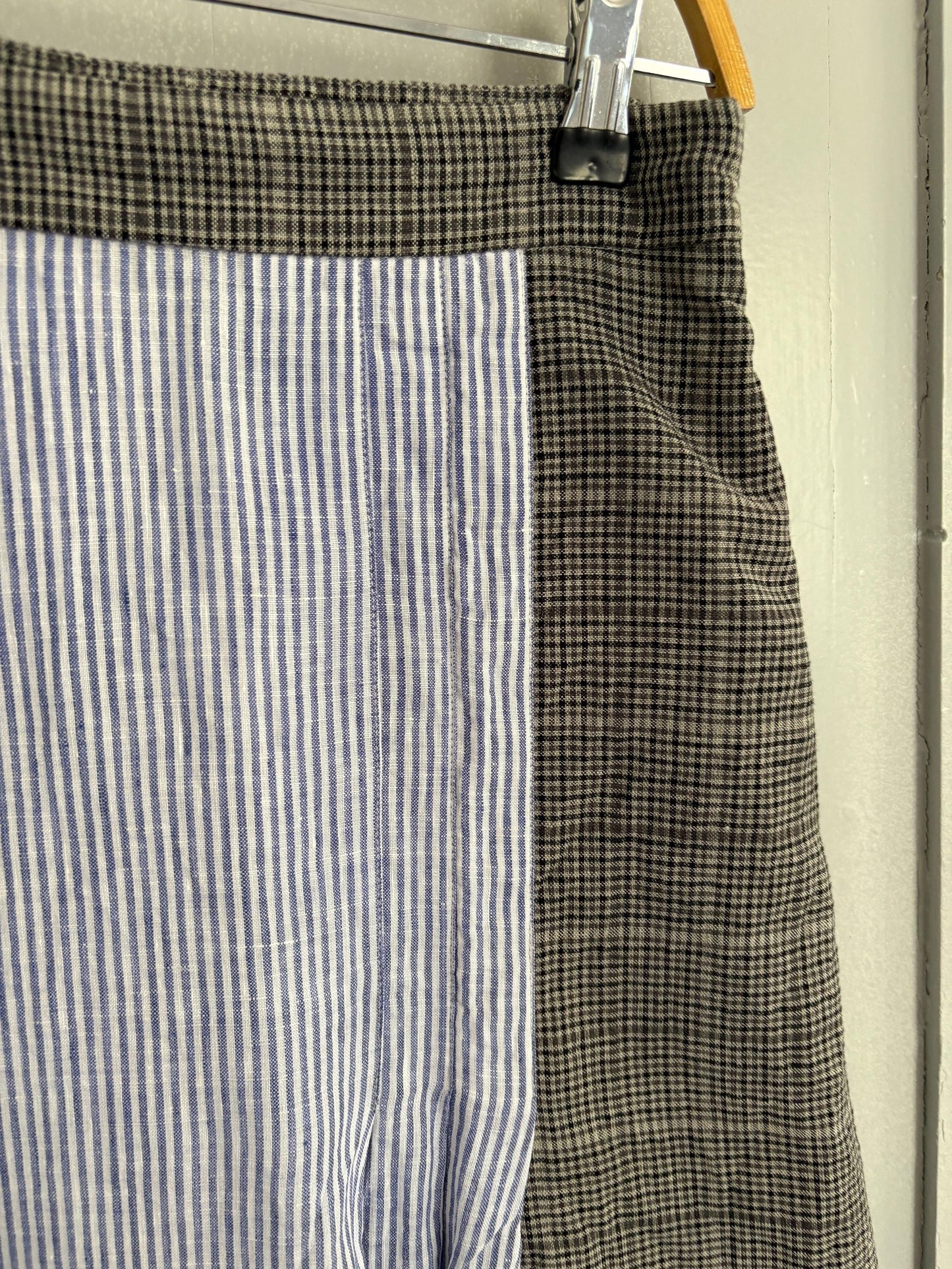 Vintage Black Velvet Circus Wool Linen Midi Skirt, Blue Striped Panel Skirt, Summer High Waist Skirt, Size S