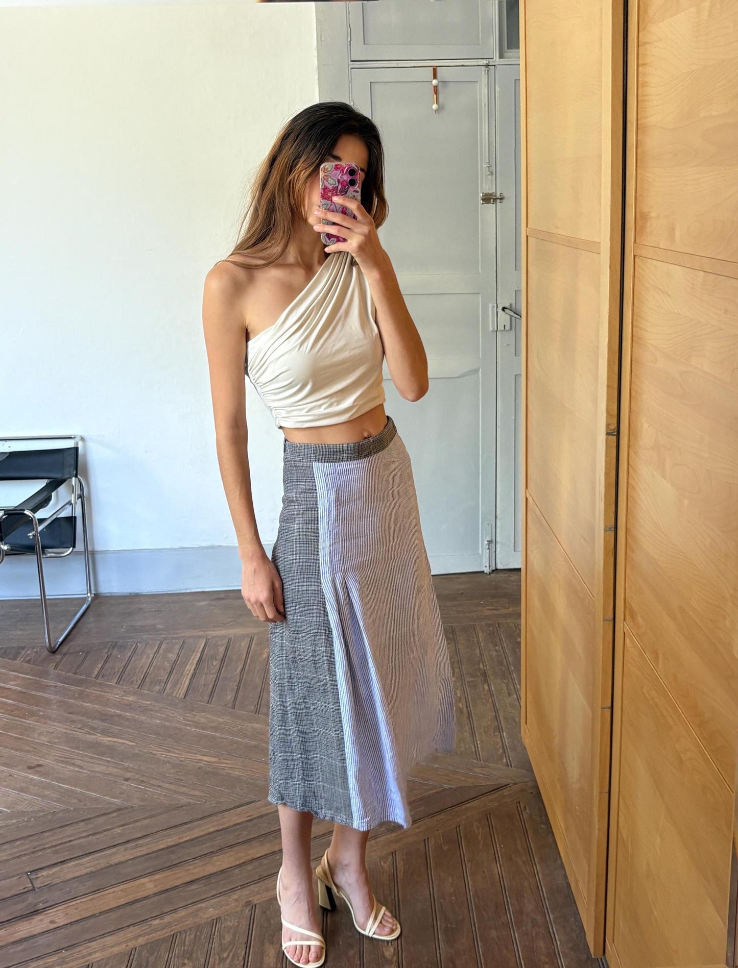 Vintage Black Velvet Circus Wool Linen Midi Skirt, Blue Striped Panel Skirt, Summer High Waist Skirt, Size S