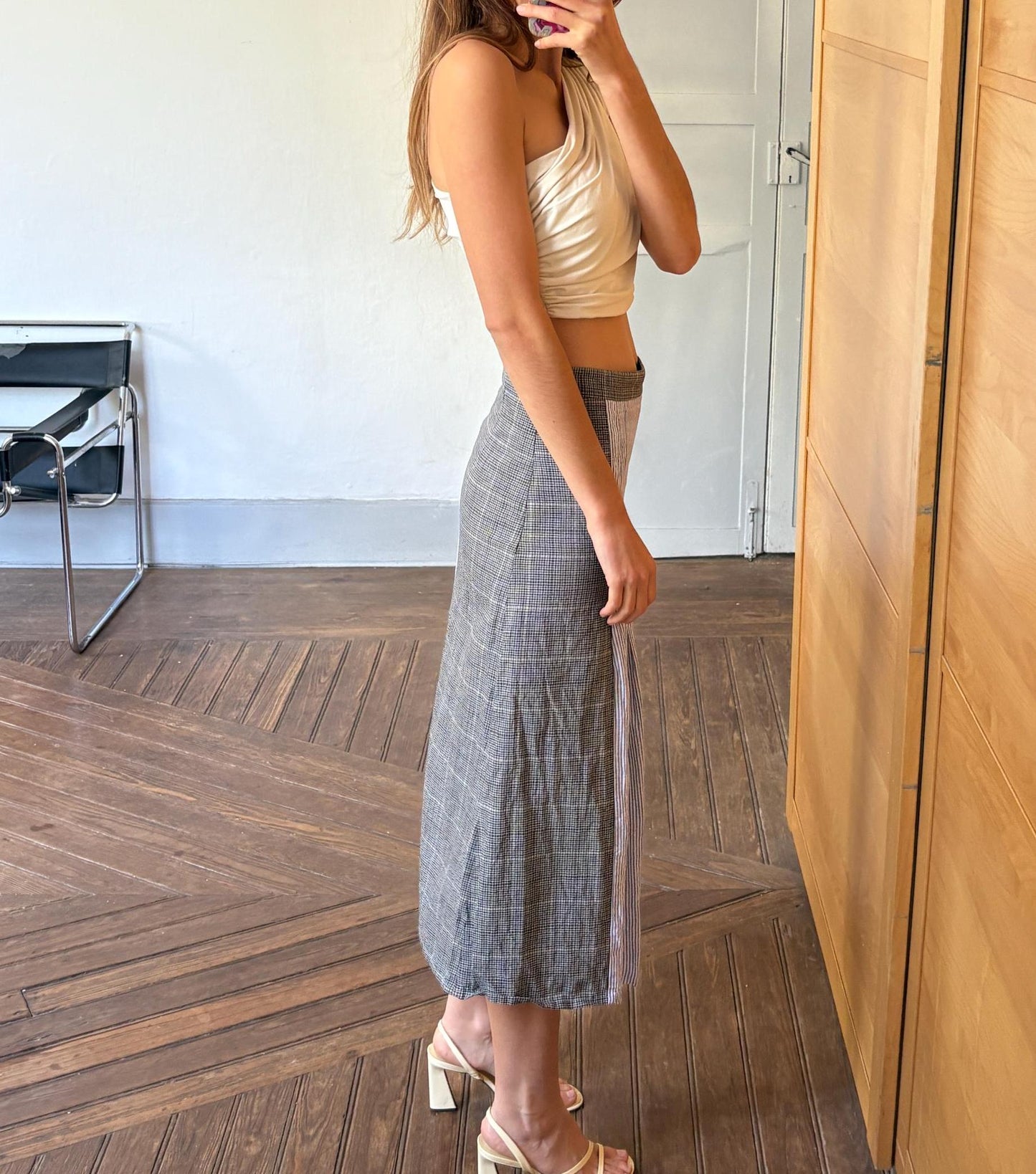 Vintage Black Velvet Circus Wool Linen Midi Skirt, Blue Striped Panel Skirt, Summer High Waist Skirt, Size S