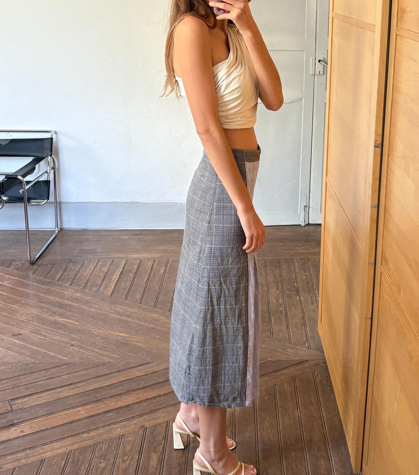 Vintage Black Velvet Circus Wool Linen Midi Skirt, Blue Striped Panel Skirt, Summer High Waist Skirt, Size S