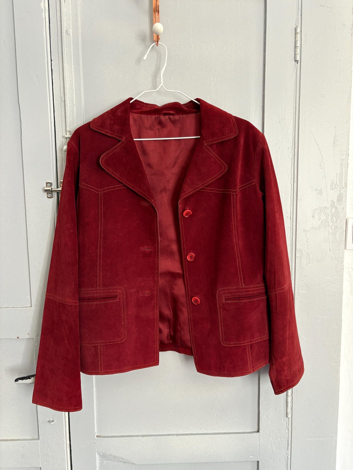 Vintage Dark Red Suede Pig Leather Jacket, Oversized 90s Blazer, Button-Up Suede Coat,