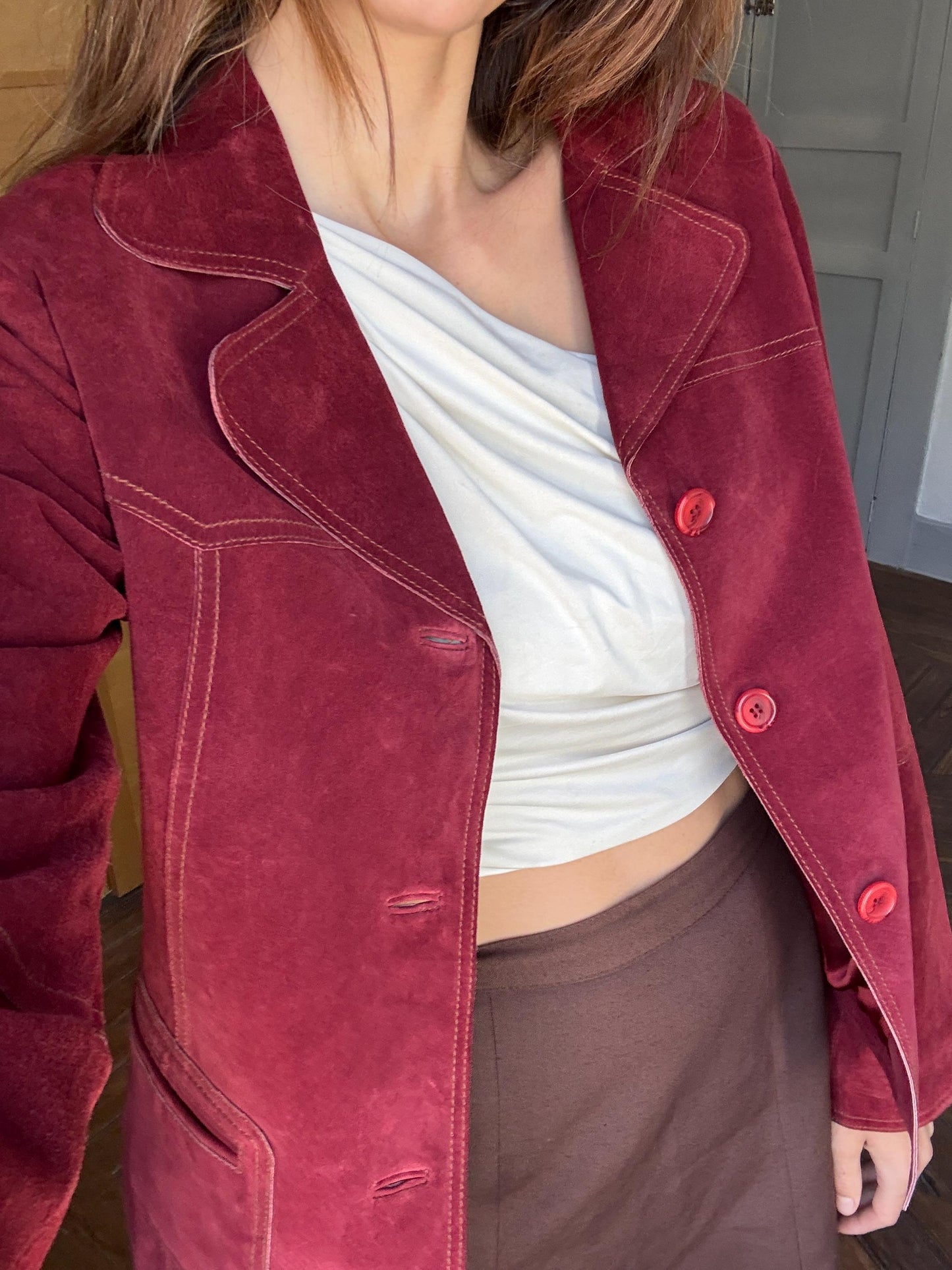 Vintage Dark Red Suede Pig Leather Jacket, Oversized 90s Blazer, Button-Up Suede Coat,