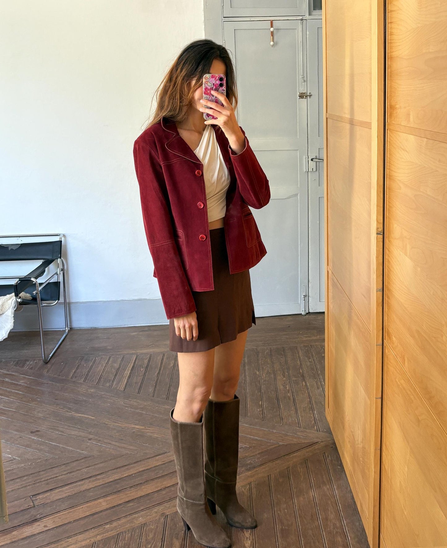 Vintage Dark Red Suede Pig Leather Jacket, Oversized 90s Blazer, Button-Up Suede Coat,