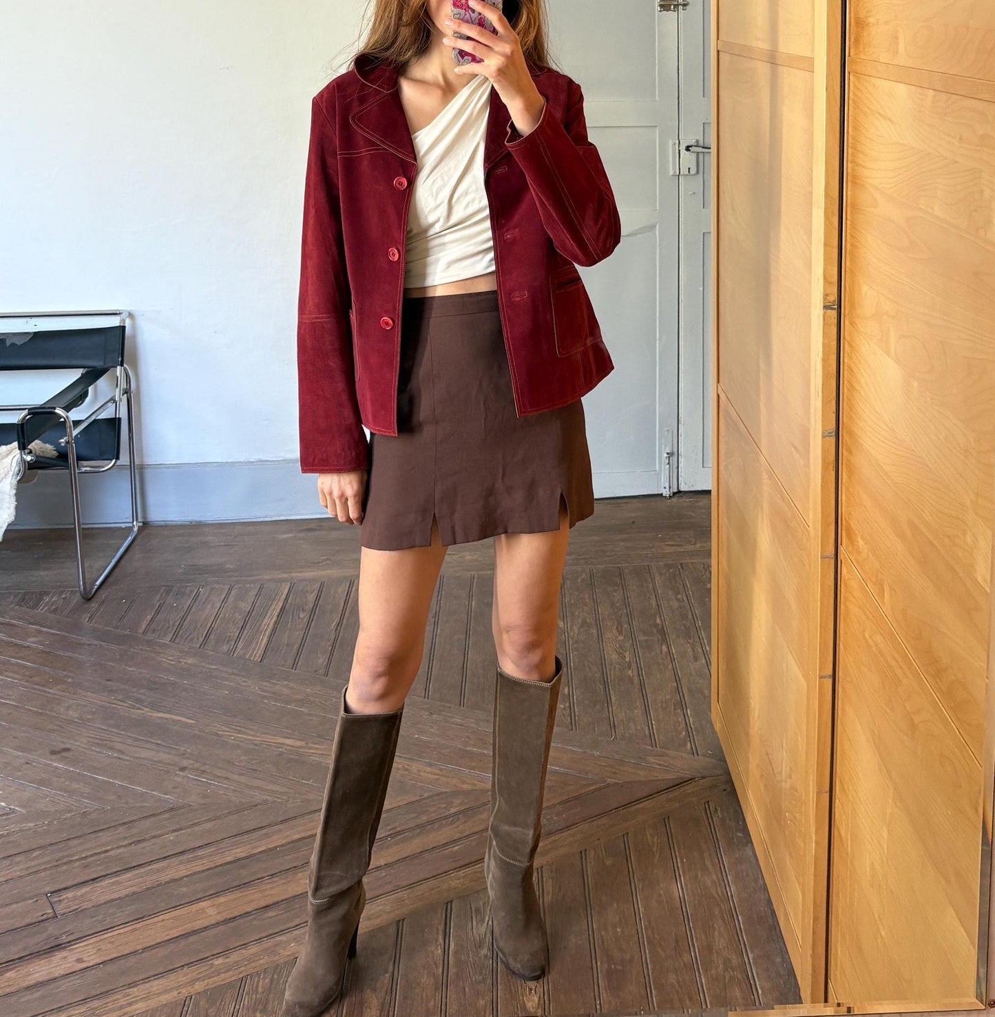 Vintage Dark Red Suede Pig Leather Jacket, Oversized 90s Blazer, Button-Up Suede Coat,