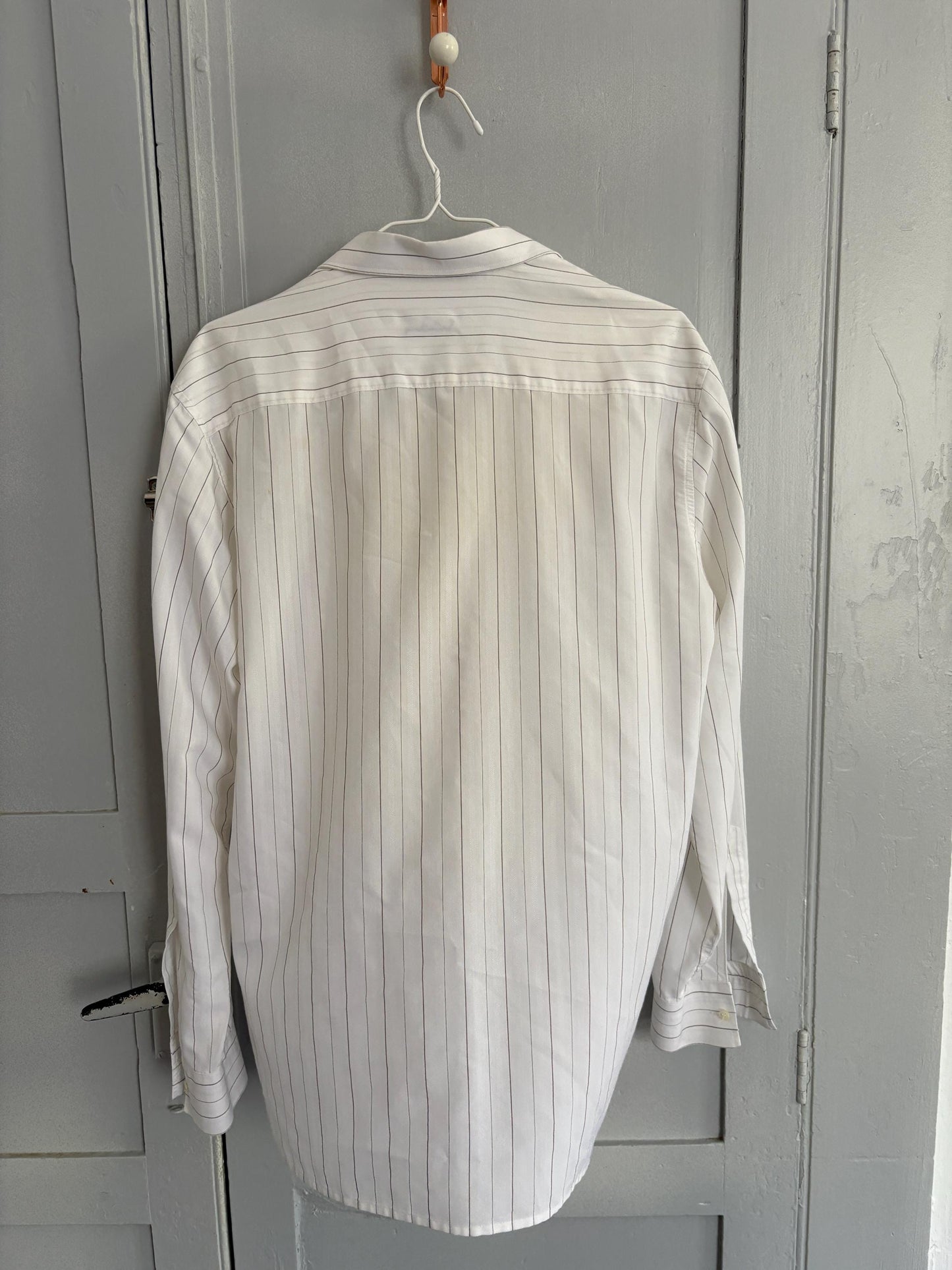 Vintage White & Grey Pinstriped Men's Button-Up Shirt – Sir Anthony Spain – Oversized Boyfriend Fit – Unisex Minimalist Aesthetic