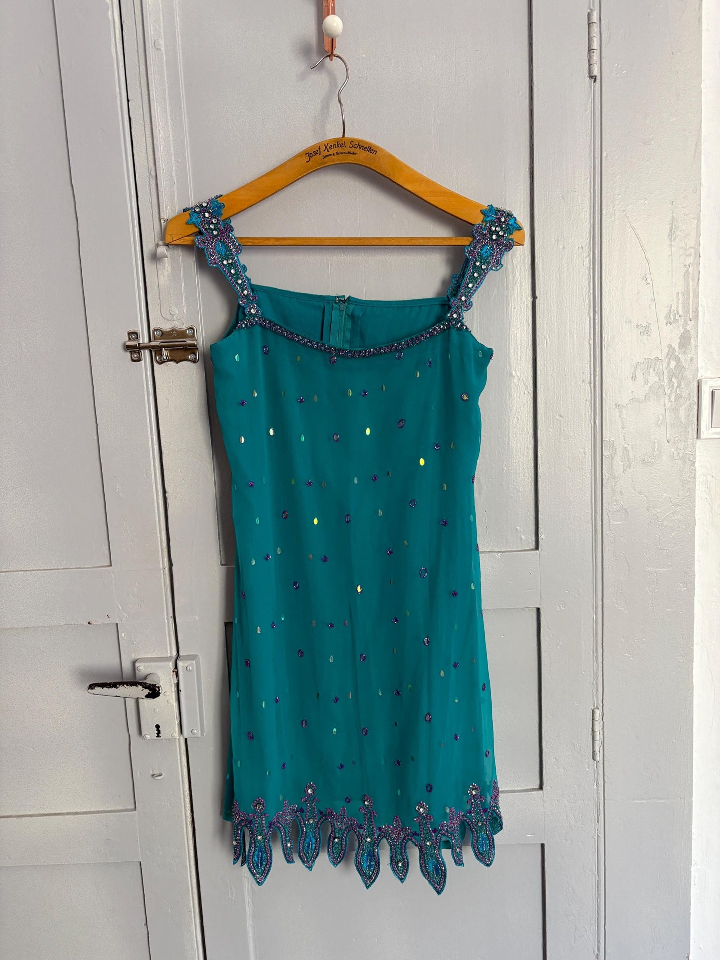 Vintage turquoise Indian sequin mini dress or tunic – sparkly Y2K party dress with side slits and embellished hem, size S