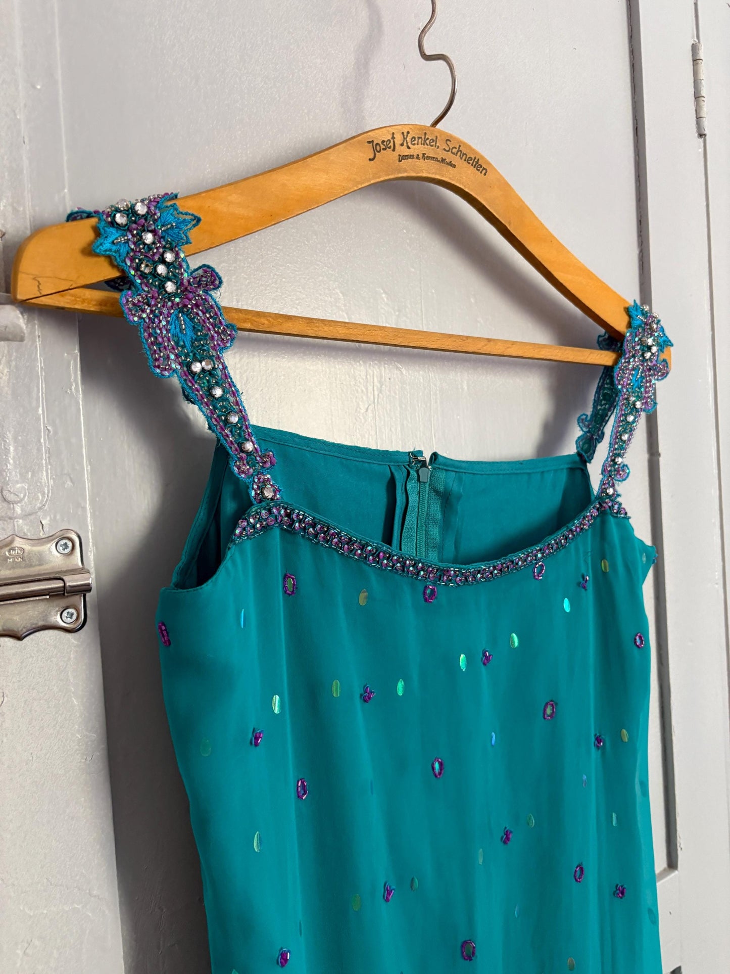 Vintage turquoise Indian sequin mini dress or tunic – sparkly Y2K party dress with side slits and embellished hem, size S