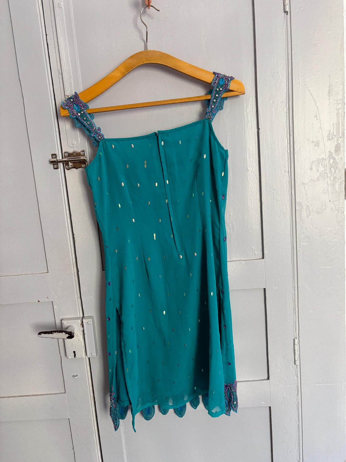 Vintage turquoise Indian sequin mini dress or tunic – sparkly Y2K party dress with side slits and embellished hem, size S