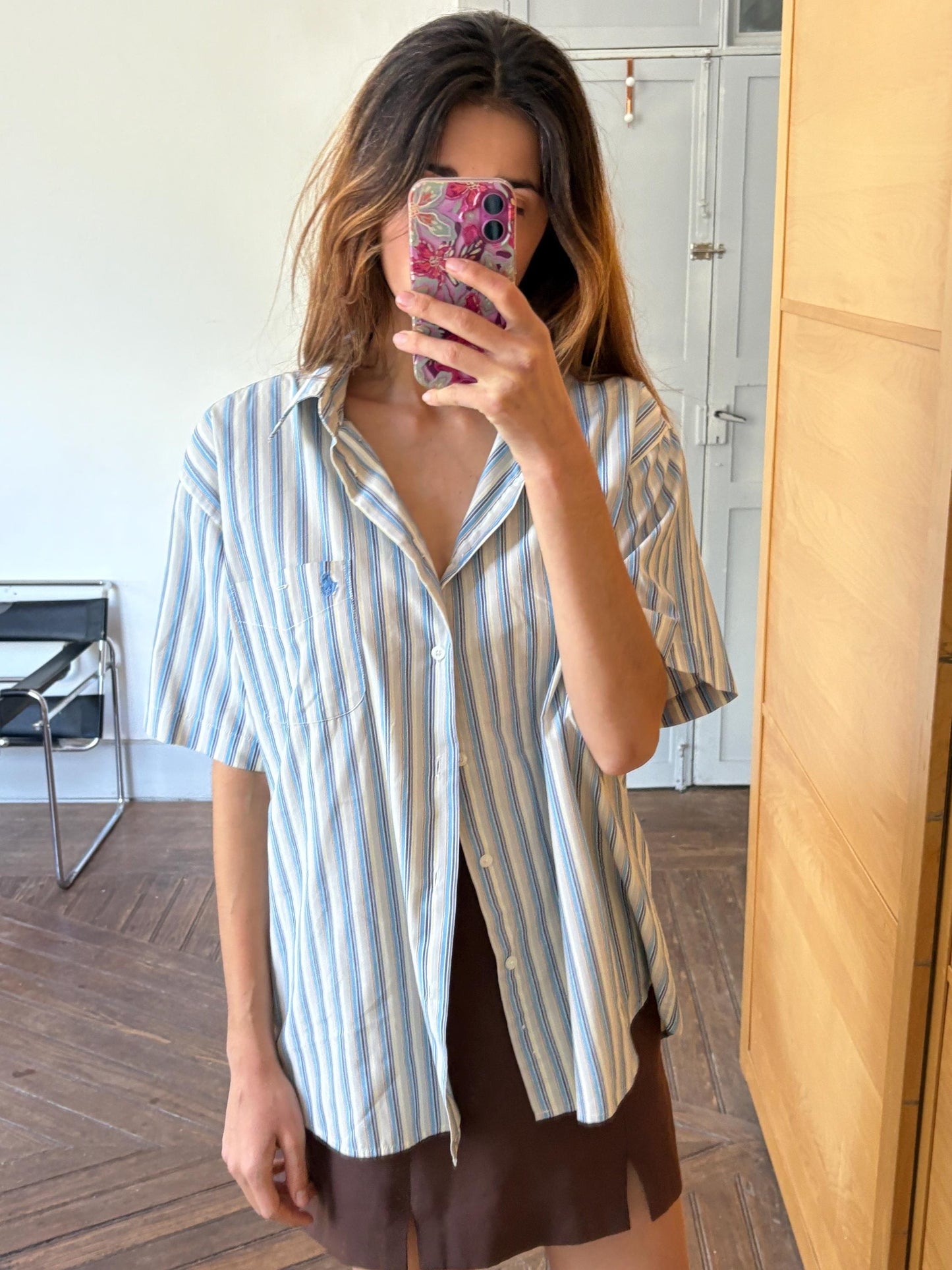 Vintage striped button-down, oversized unisex summer shirt, Forestal Sportswear, breathable cotton, retro classic menswear, shirt dress