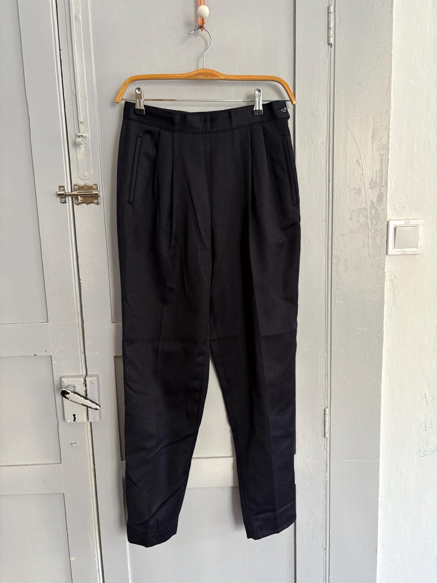 Vintage Luxury Italian designer pants, High waist pleated front wool long trousers, Armorica navy blue formal pants, M