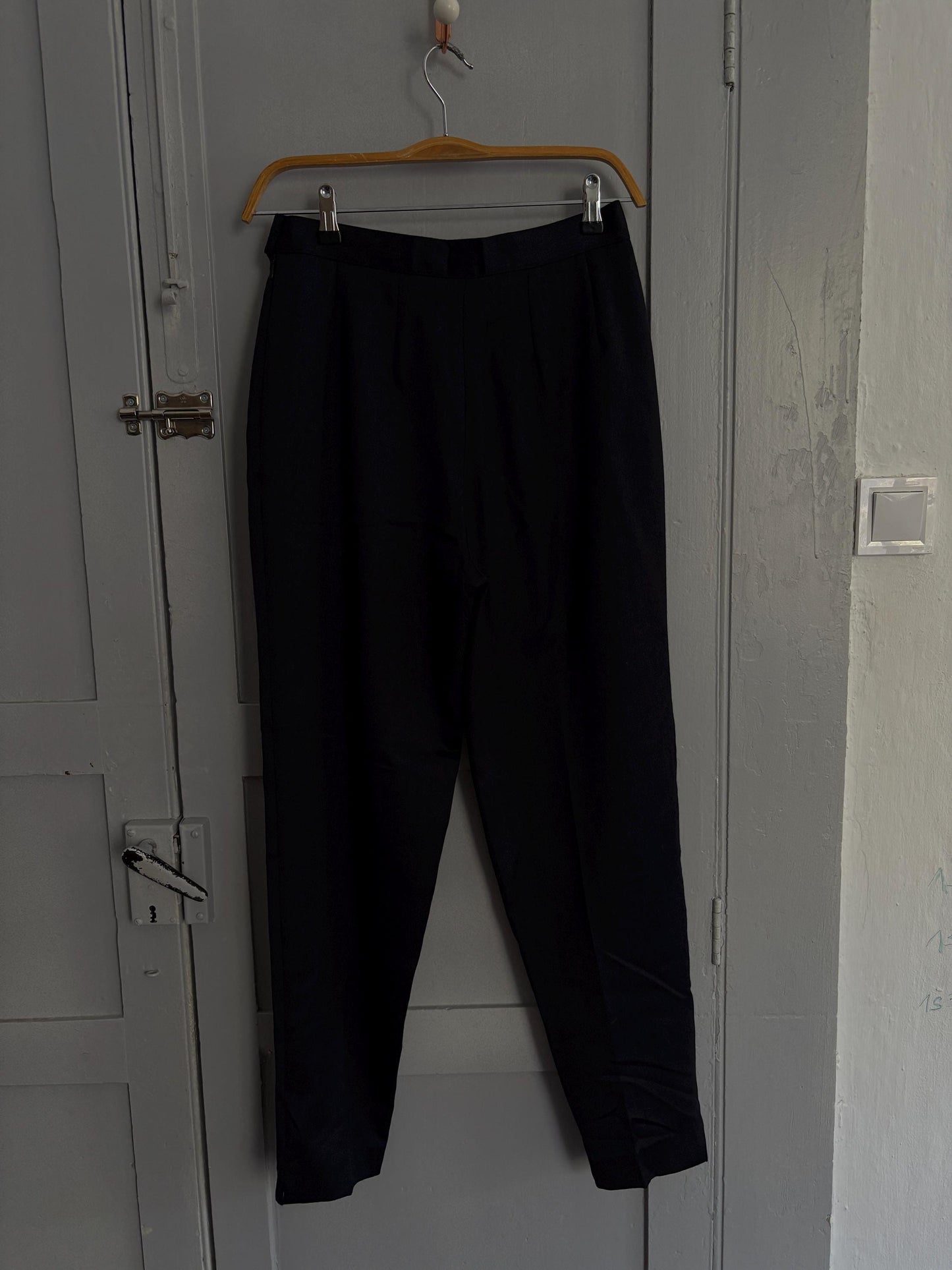 Vintage Luxury Italian designer pants, High waist pleated front wool long trousers, Armorica navy blue formal pants, M