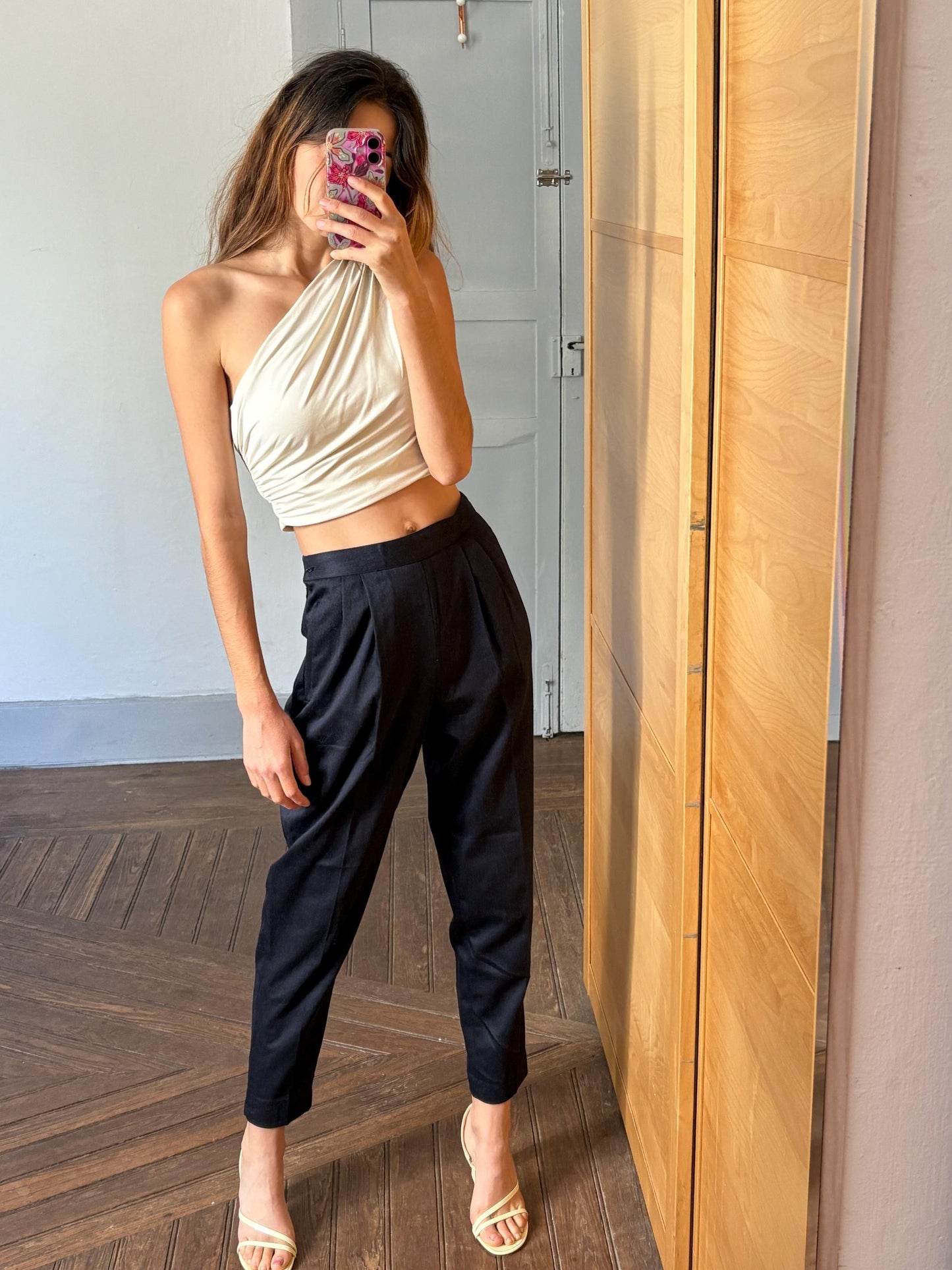 Vintage Luxury Italian designer pants, High waist pleated front wool long trousers, Armorica navy blue formal pants, M
