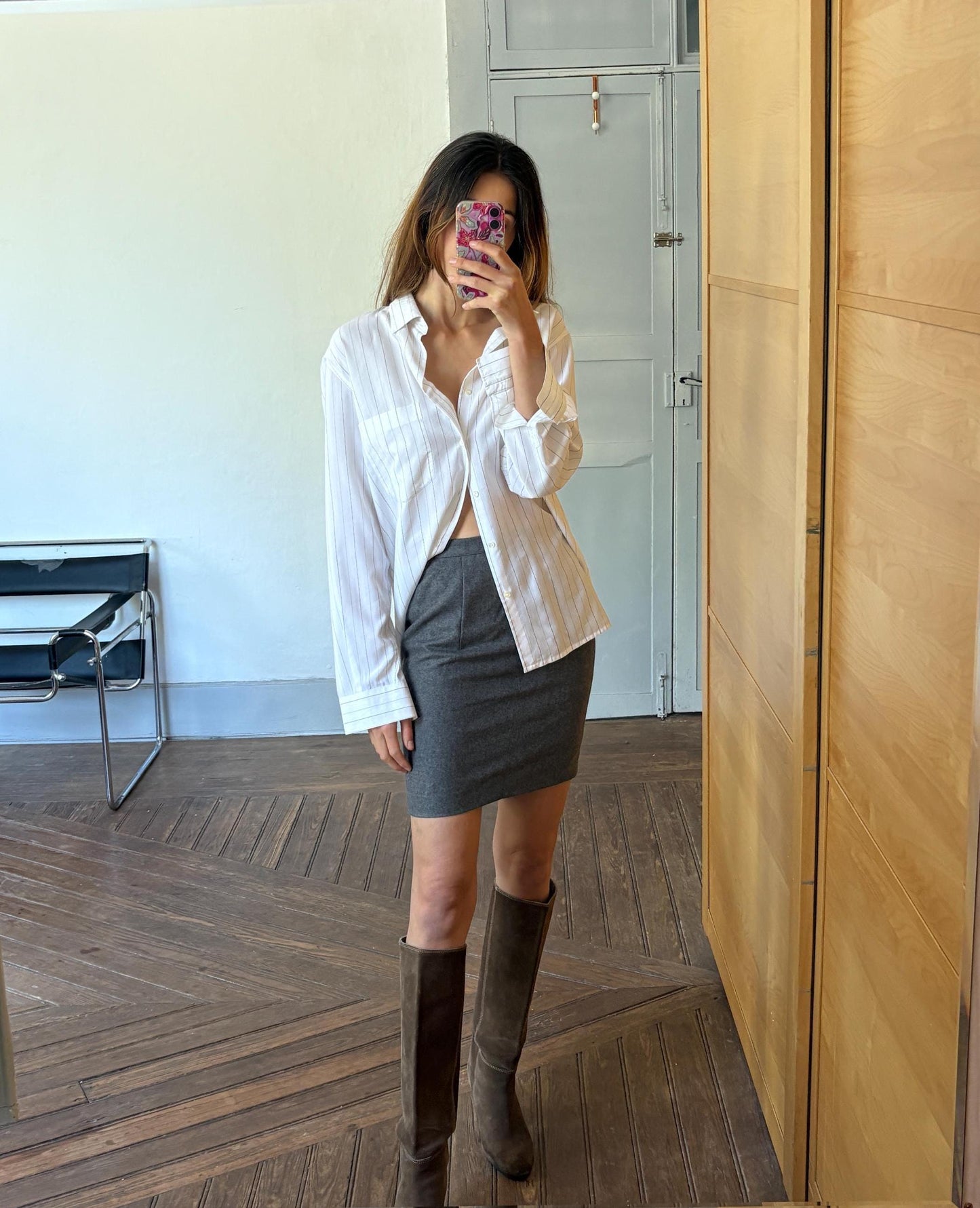 Vintage Dark Grey Wool Mini Skirt – High Waist Preppy Academia Aesthetic – Handmade Classic Plaid Schoolgirl Style – Size S