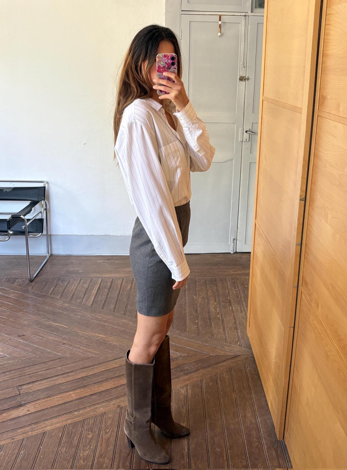 Vintage Dark Grey Wool Mini Skirt – High Waist Preppy Academia Aesthetic – Handmade Classic Plaid Schoolgirl Style – Size S
