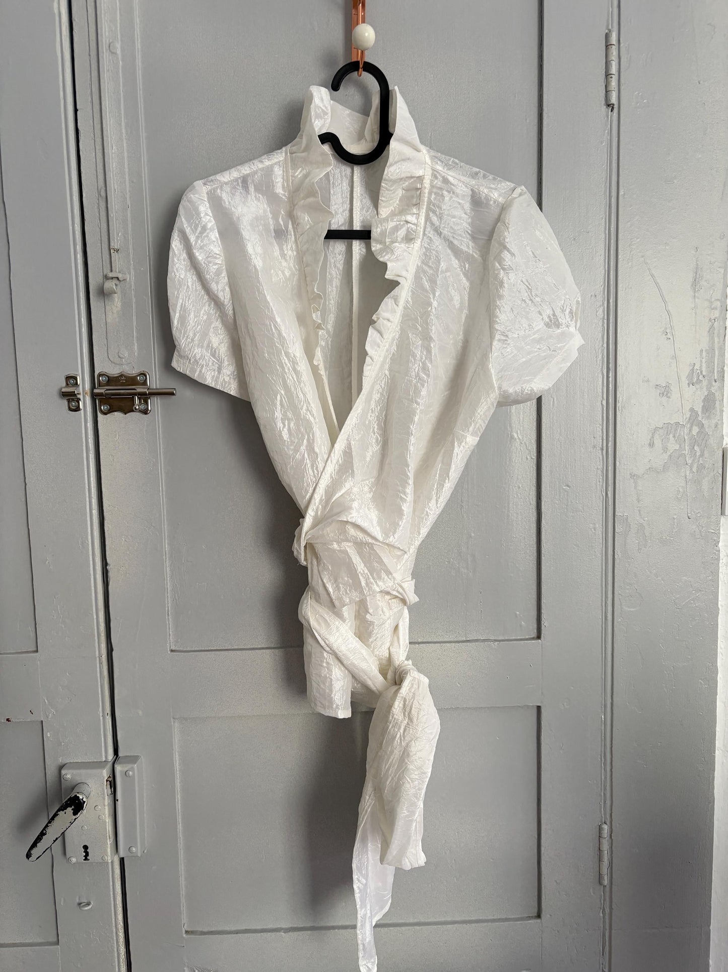 Vintage White Ruffle Wrap Blouse | Romantic Parisian Tie Top | Cottagecore Minimalist Aesthetic (Size S)