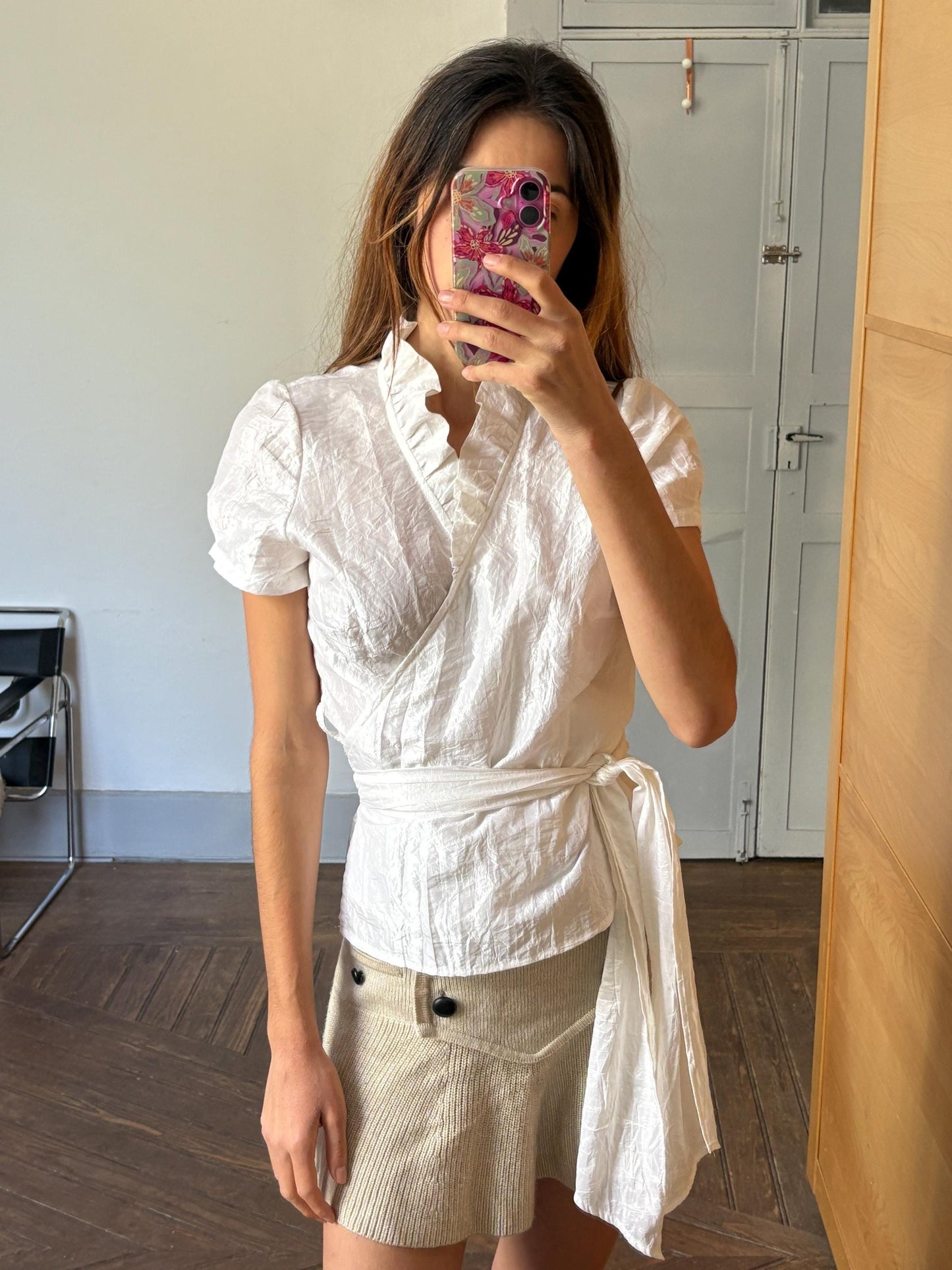 Vintage White Ruffle Wrap Blouse | Romantic Parisian Tie Top | Cottagecore Minimalist Aesthetic (Size S)