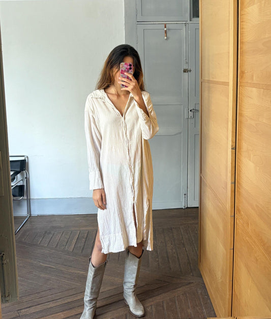 Vintage cotton striped long Nightgown, White Cottage core nightie , Feminine french antique blouse dress, Cotton nightwear, L