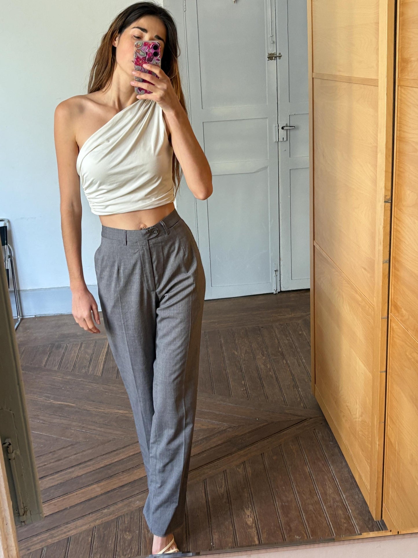 Vintage Grisby Barcelona High-Waisted Wool Trousers | Grey Wide-Leg Tailored Pants | Size S