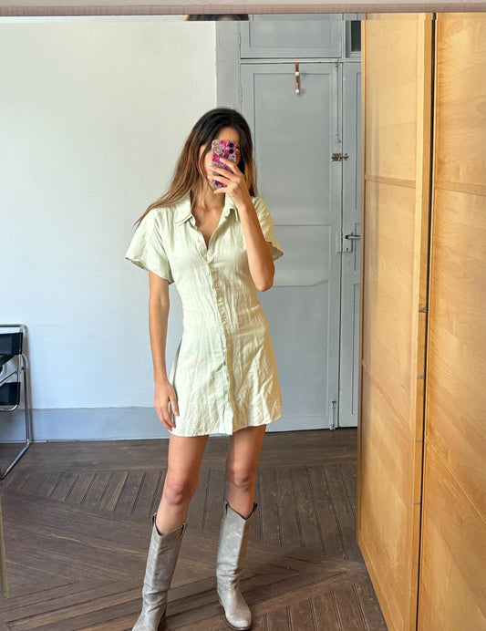 Vintage light green mini summer Dress, Soft Minimalist Style dress with mother of pearl buttons , Basic v neck collared shirt dress