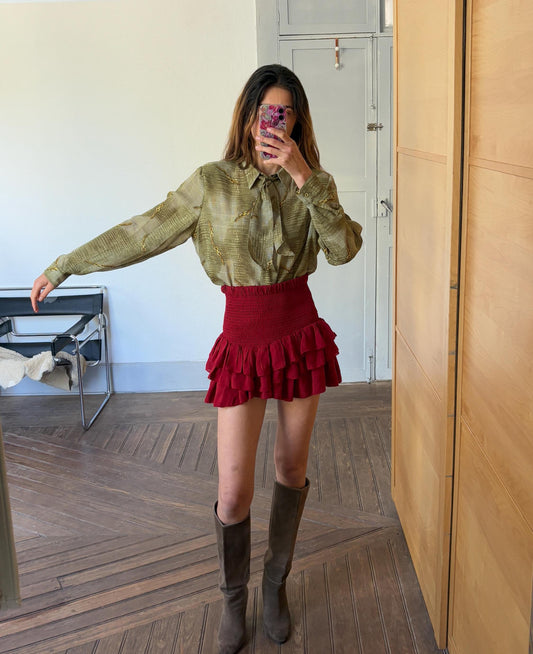 Vintage unique green frill blouse, Retro 60s woman top, groovy bow tie shirt, Deadstock original vintage