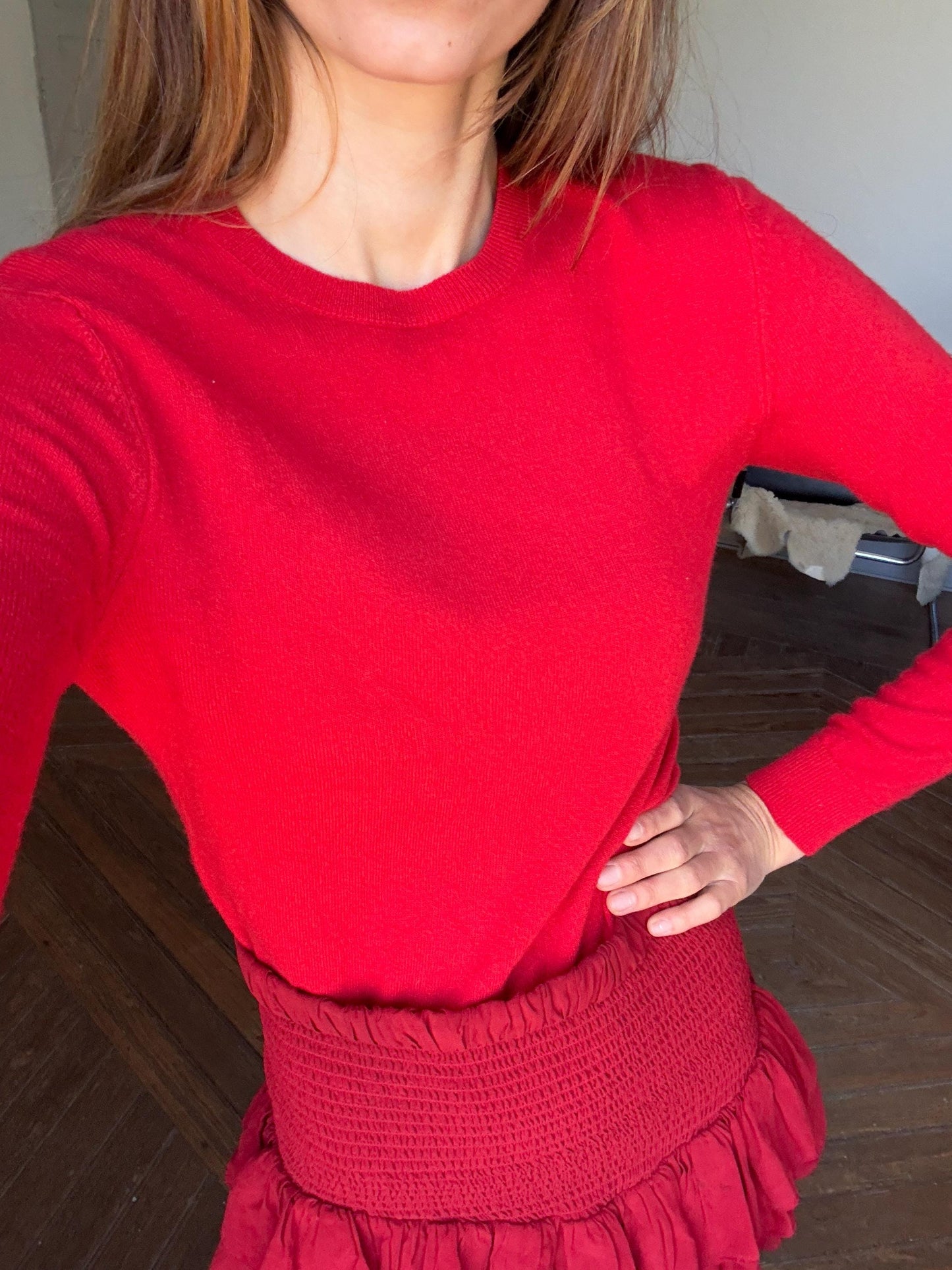 Vintage 100 % wool vibrant red crew neck jumper, Soft long sleeve pullover, United colors of Benetton winter sweater, XS