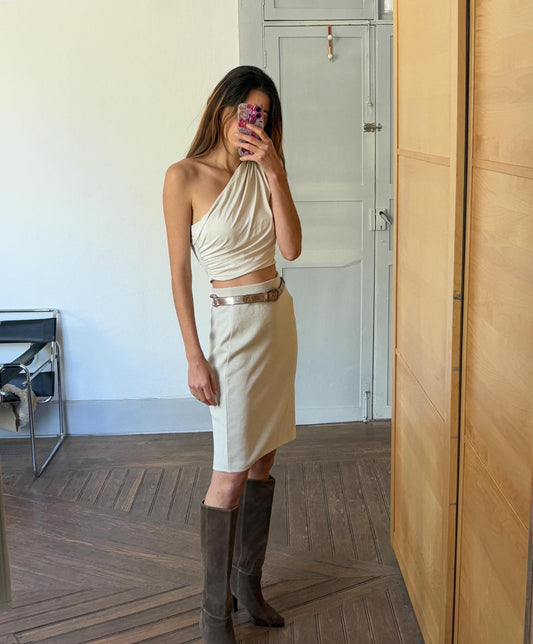 Luxury white merino wool blend knit skirt, Fine knit winter skirt, Bohemian 70s preppy and minimalist Aesthetic, M