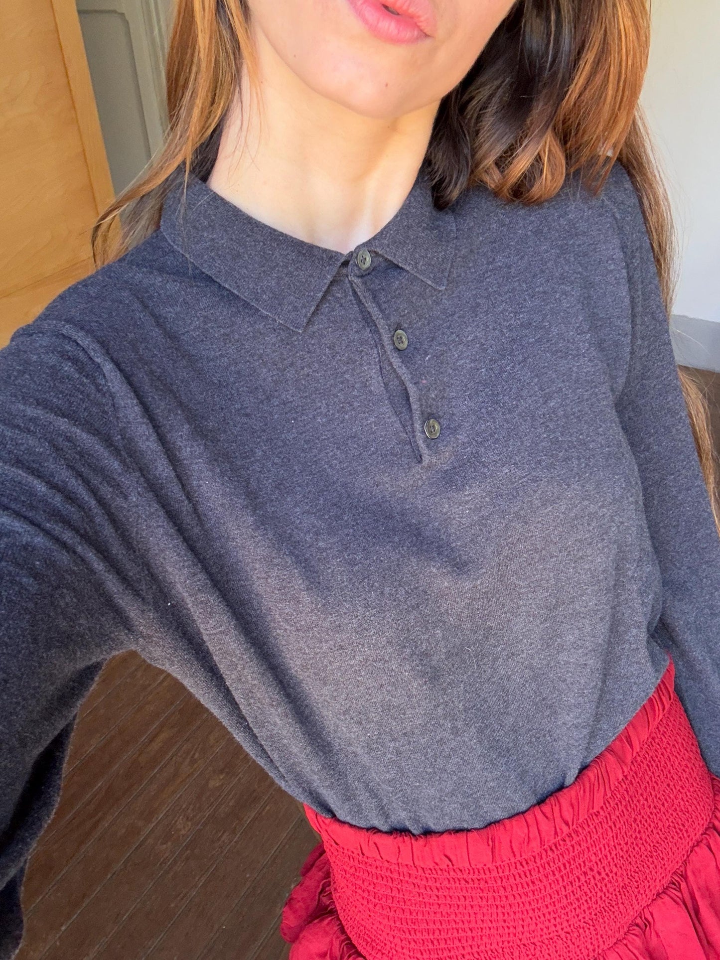Cotton - silk - cashmere blend jersey, Luxury long sleeve shirt, Dark grey sweatshirt, Luxe winter Massimo Dutti shirt, S