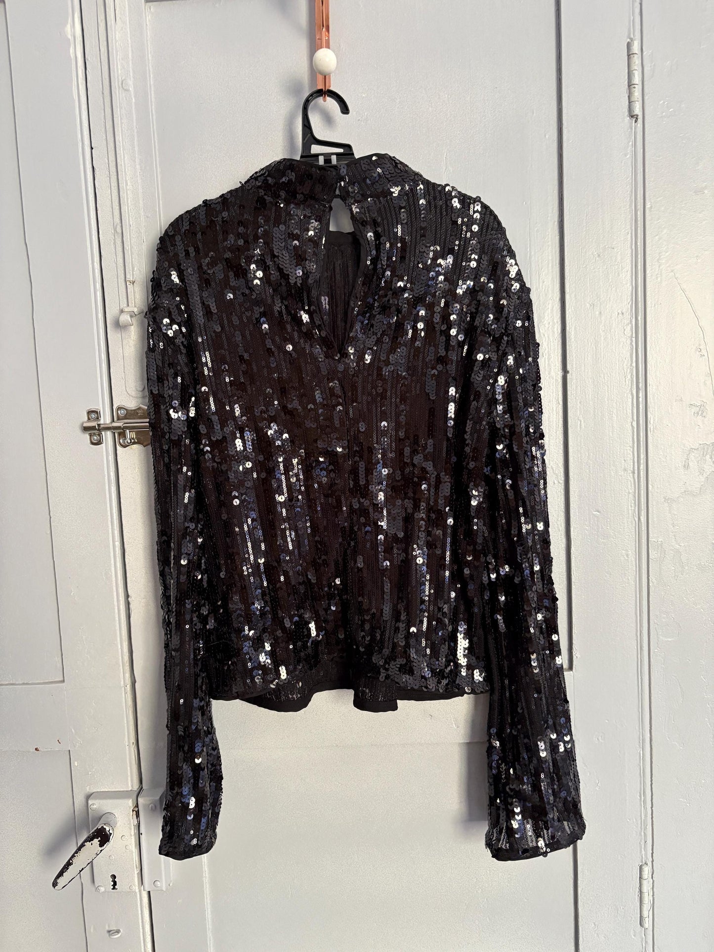 Black Sequin Top, Mock Neck Long Sleeve Party Shirt, Glitter Blouse, Festive Holiday Outfit