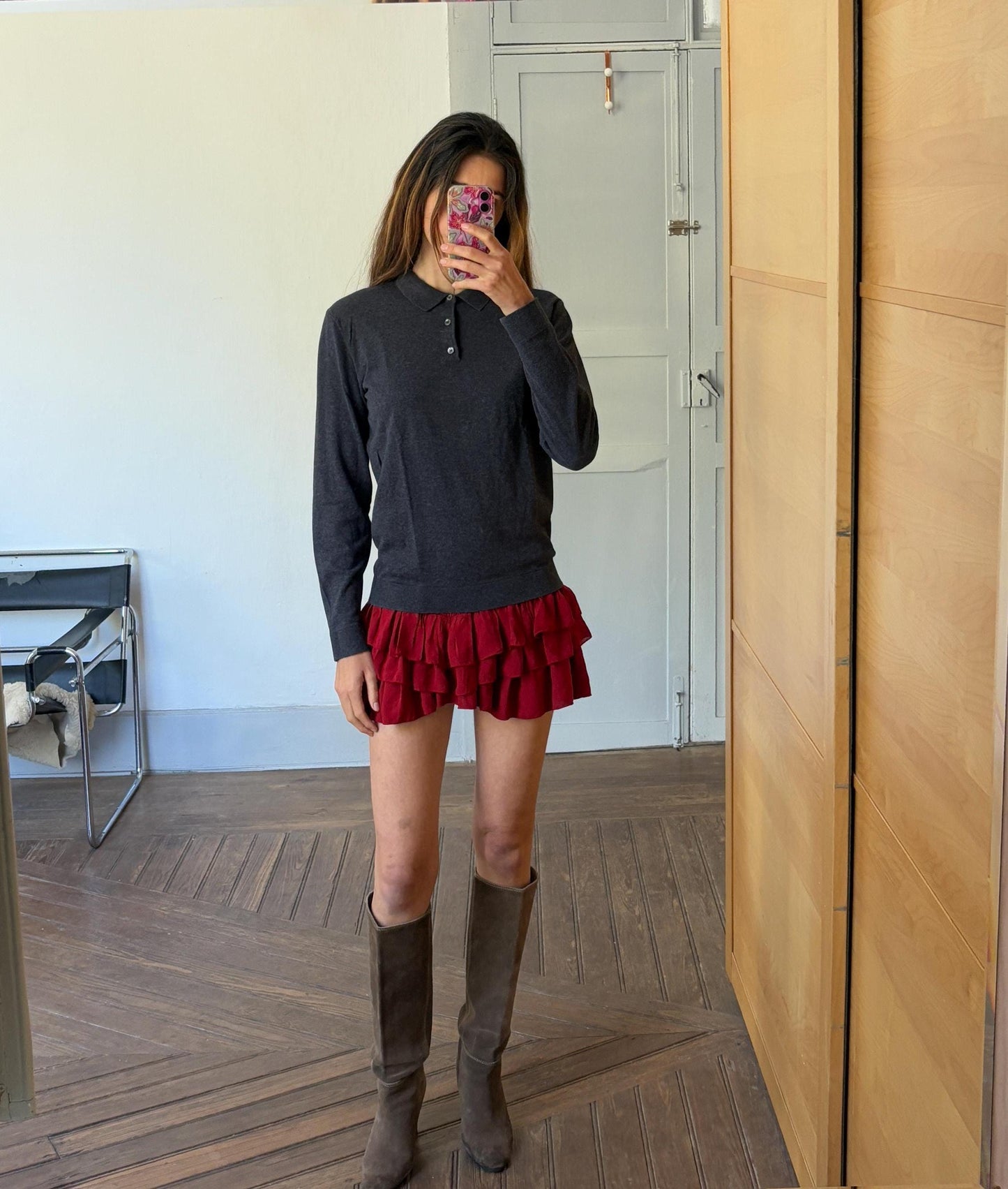 Cotton - silk - cashmere blend jersey, Luxury long sleeve shirt, Dark grey sweatshirt, Luxe winter Massimo Dutti shirt, S