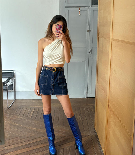 Vintage 90s Y2K Dark Blue Denim Mini Skirt – Front Pockets – High Waist – Indie Sleaze Streetwear, Size M - L