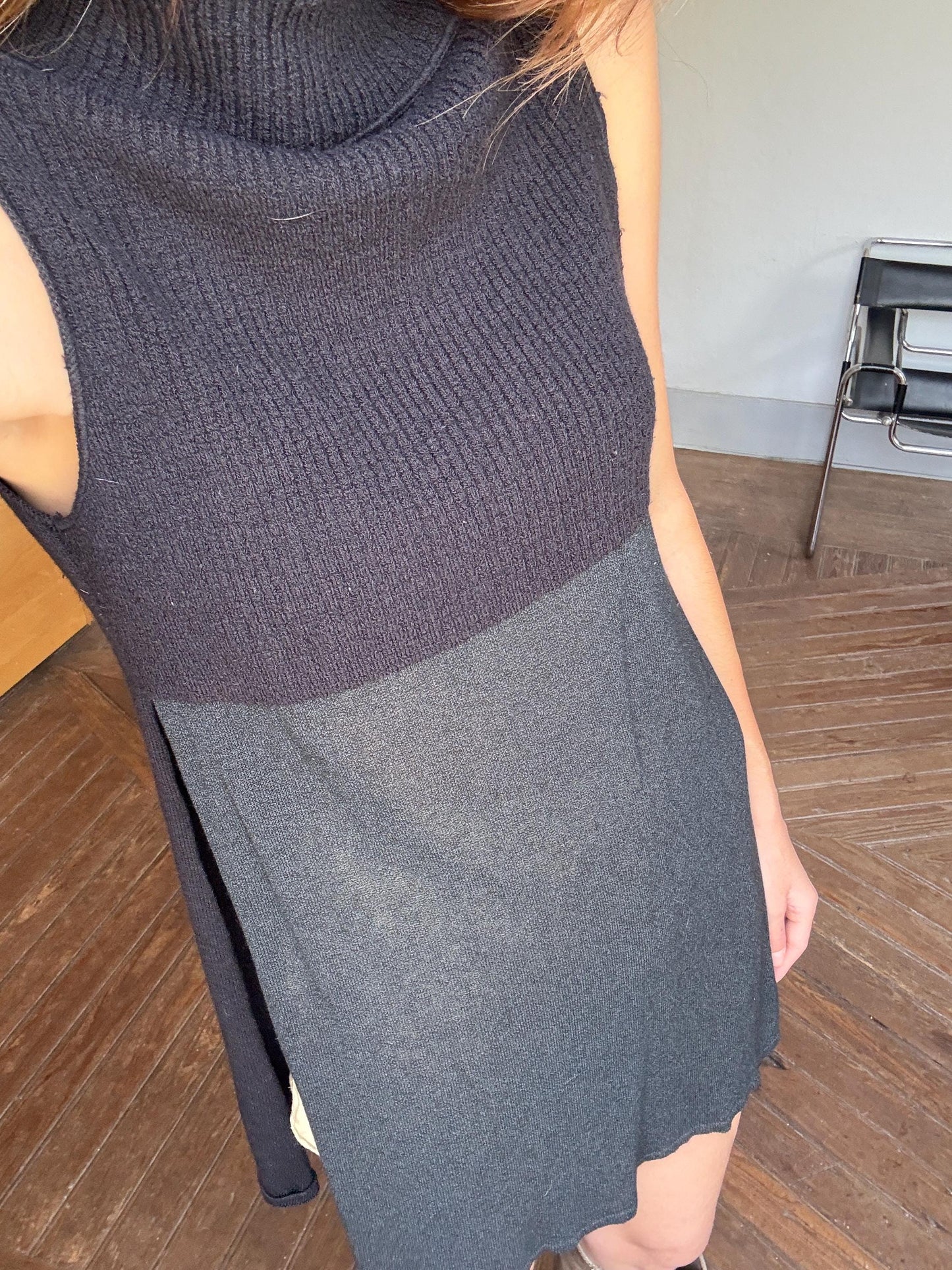 Vintage Black Sarah Pacini Turtleneck Tunic Top – Minimalist High Neck Wool Blend – Layered Sheer Mini Dress Look