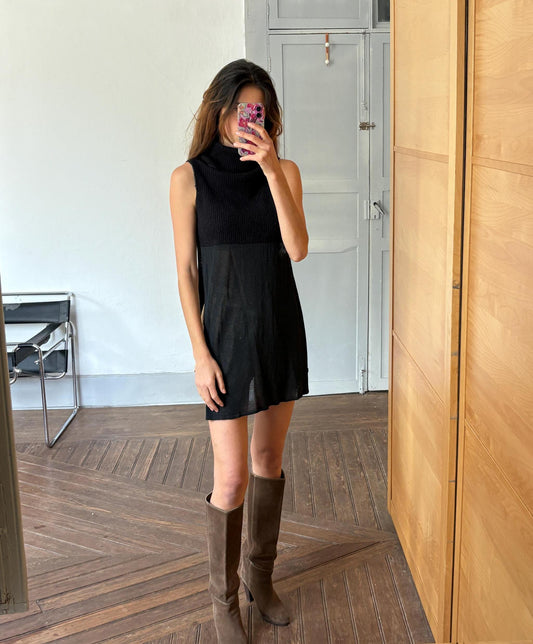 Vintage Black Sarah Pacini Turtleneck Tunic Top – Minimalist High Neck Wool Blend – Layered Sheer Mini Dress Look