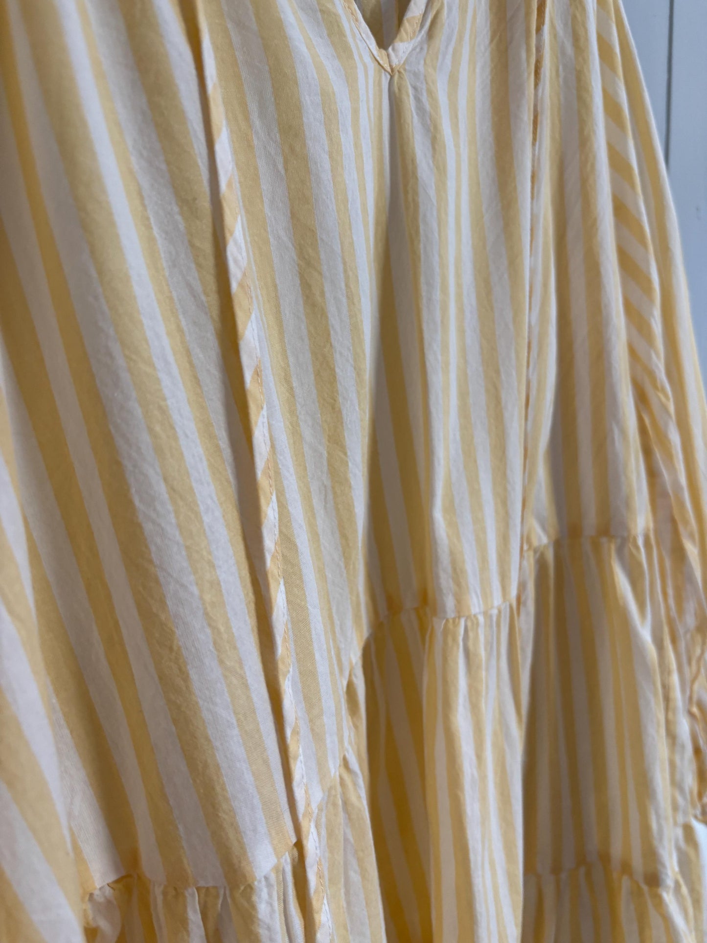Short yellow and white cute striped mini dress with Puff sleeves, Scandic fashion piece of clothing, Unique short summer dress, Size S