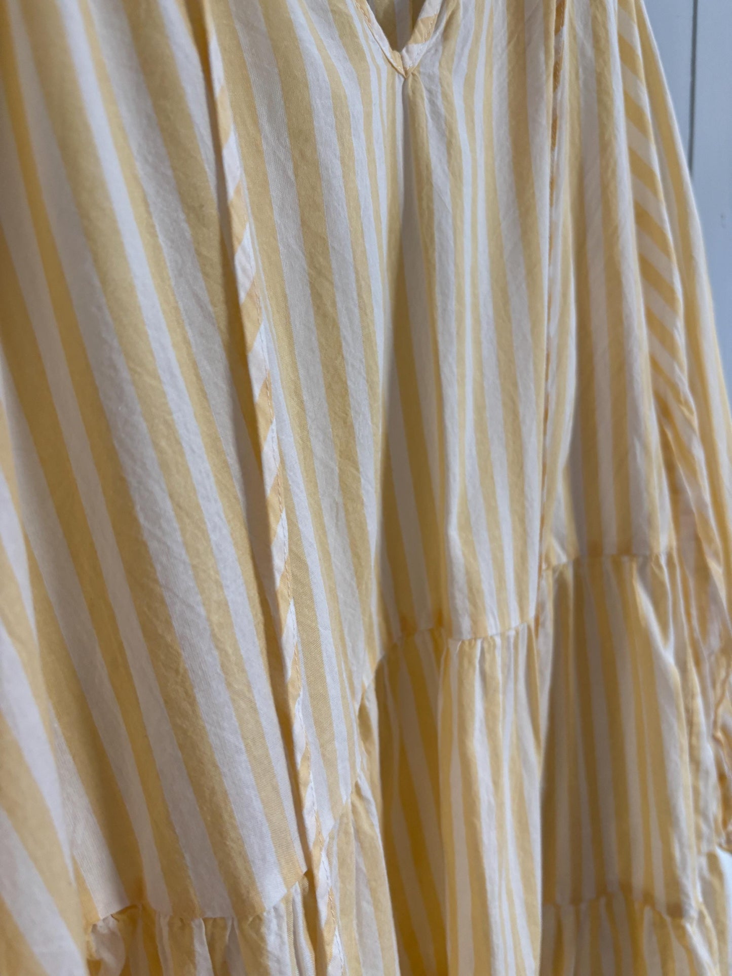 Short yellow and white cute striped mini dress with Puff sleeves, Scandic fashion piece of clothing, Unique short summer dress, Size S