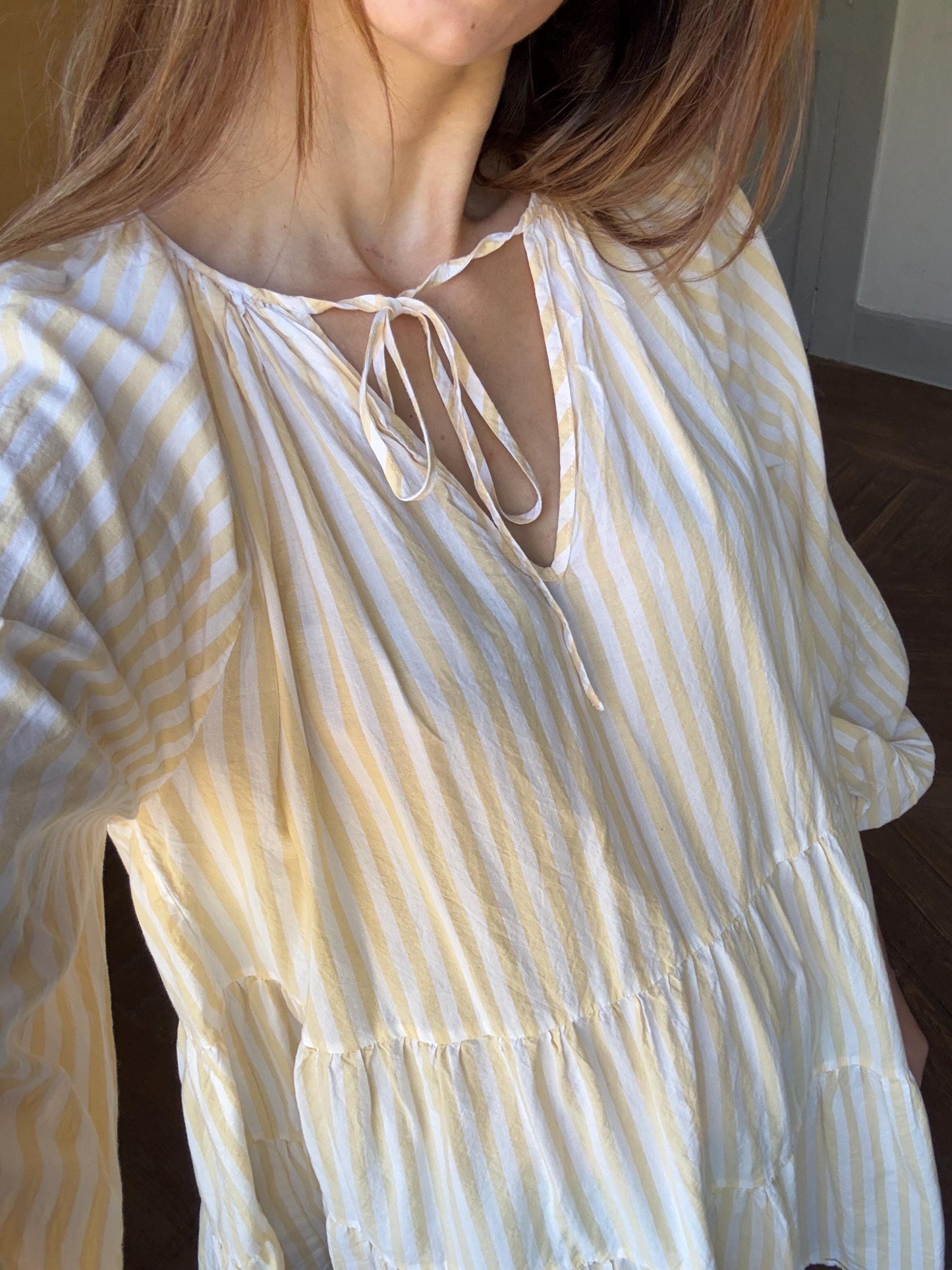 Short yellow and white cute striped mini dress with Puff sleeves, Scandic fashion piece of clothing, Unique short summer dress, Size S