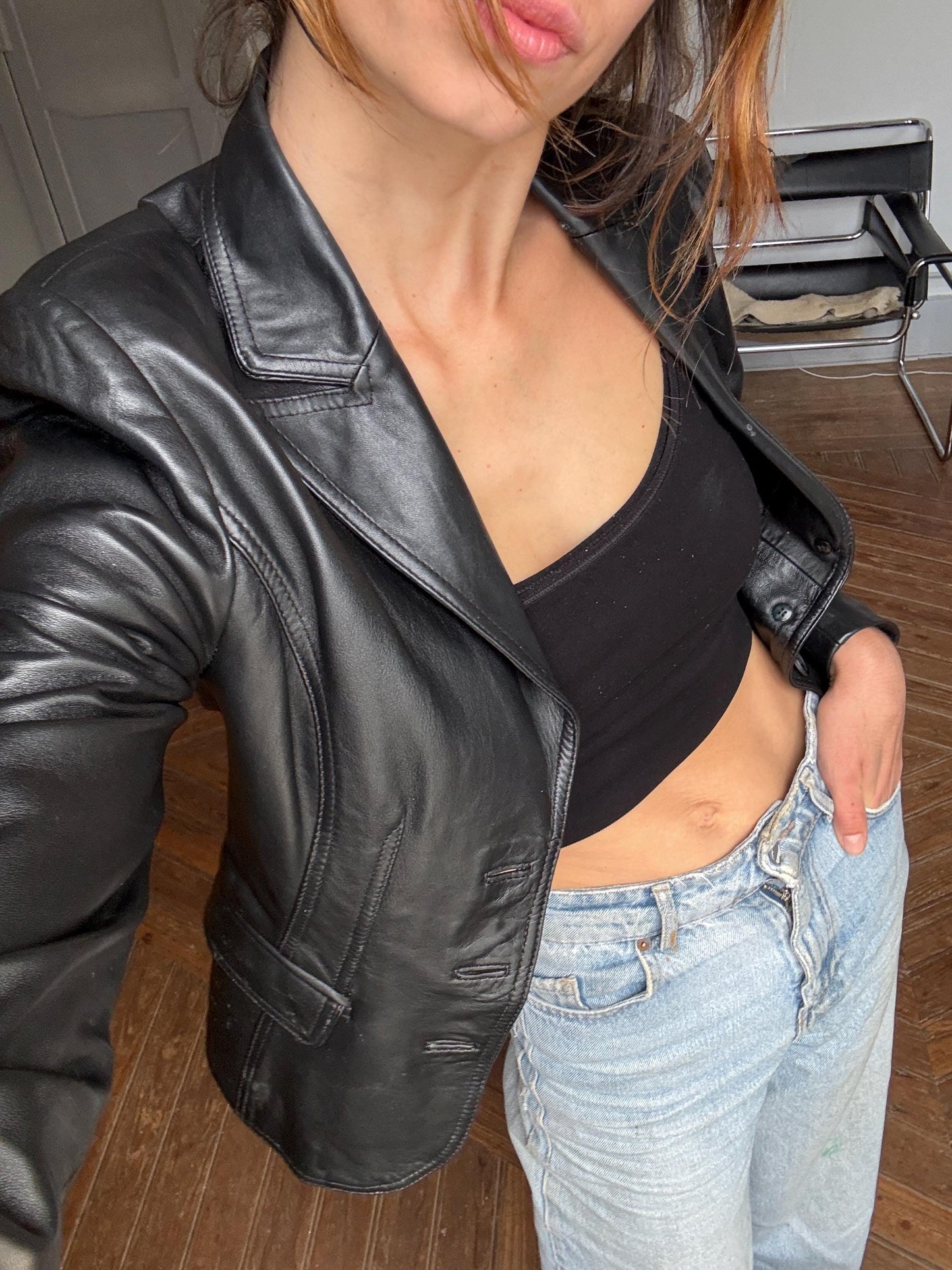 Vintage Black Leather Blazer – Tailored Y2K Moto-Inspired Jacket, Size XS - S