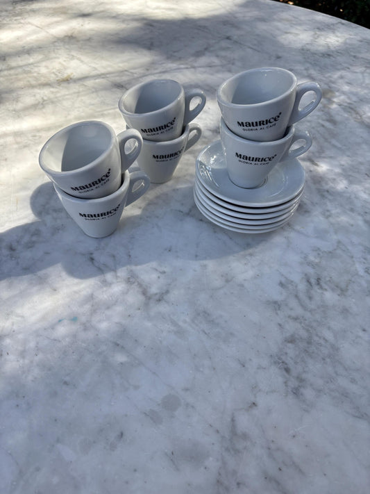 Thick rimmed Vintage Maurice Gloria al cafe Espresso cups, Set of 6 Cups and saucers, Specialty coffee lover gift