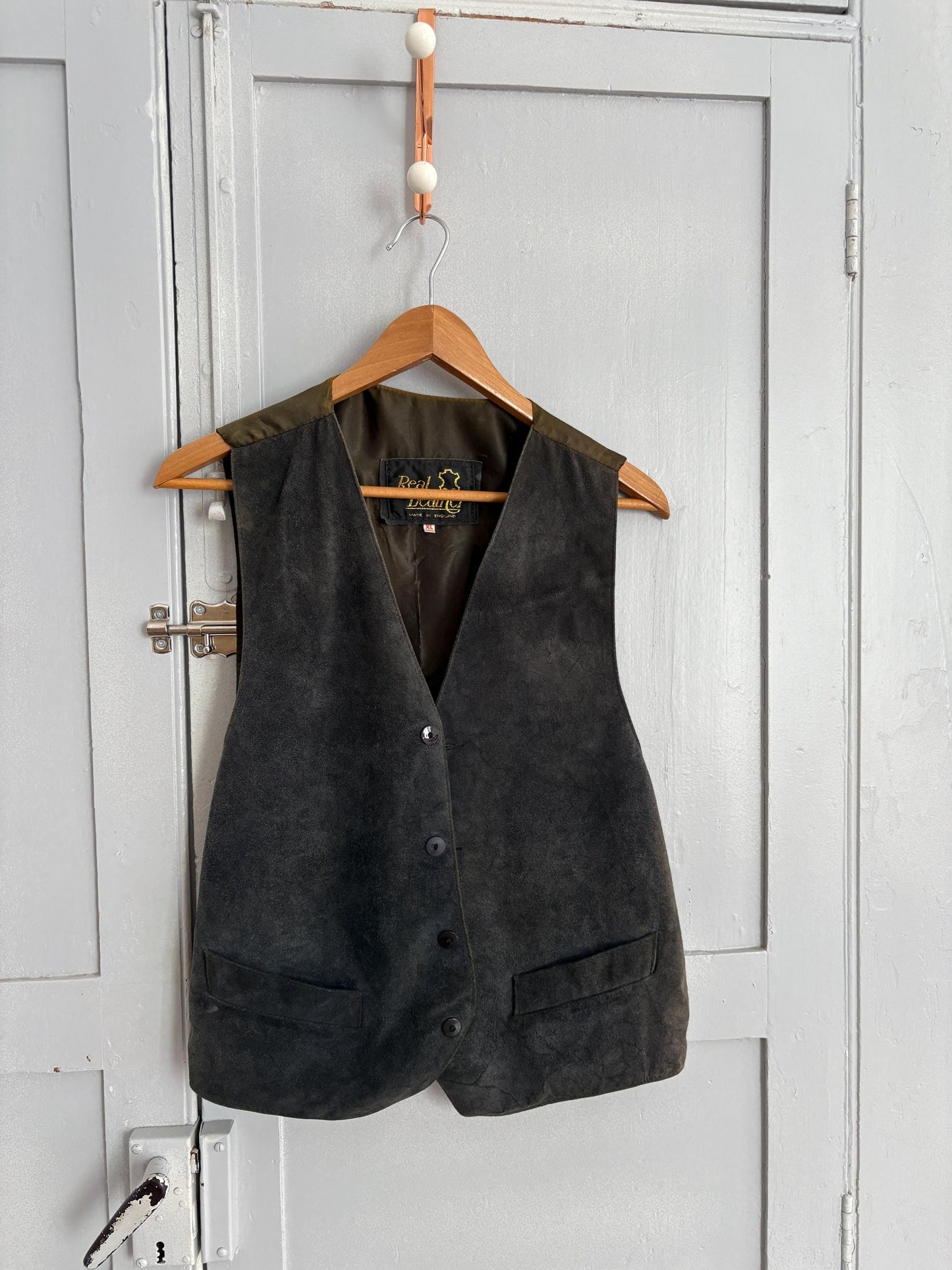 Vintage Genuine Leather Vest Made in England Suede Button-Up Gilet Unisex Western Boho Waistcoat Men's XL