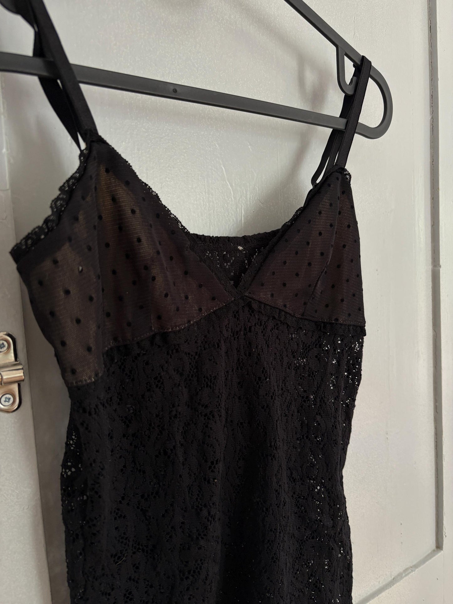 Vintage Black Lace Mesh Camisole – Sheer Polka Dot Cup Detail – Size XS