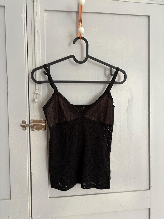 Vintage Black Lace Mesh Camisole – Sheer Polka Dot Cup Detail – Size XS