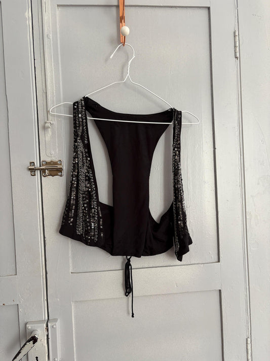 Vintage luxury embellished black gilet, Festive sequin embroidered Vest, Sleeveless Women bolero, Smart Christmas eve waistcoat, Size XS - S