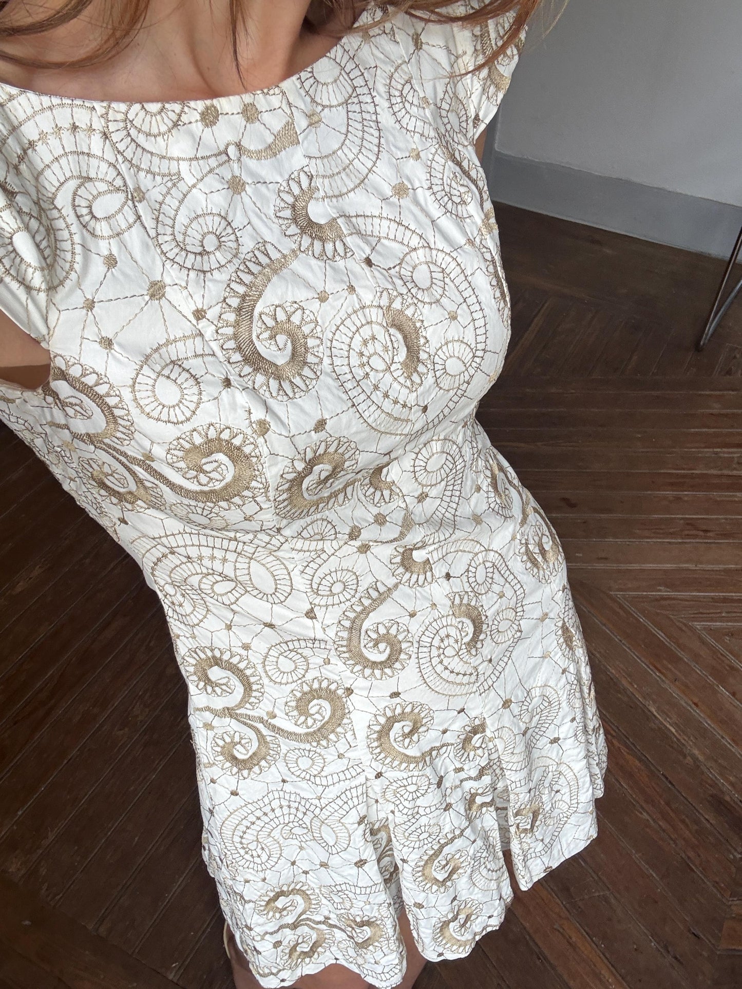 Vintage white embroidered fit and flare summer mini dress with cap sleeves and swirl floral pattern cotton elastane blend