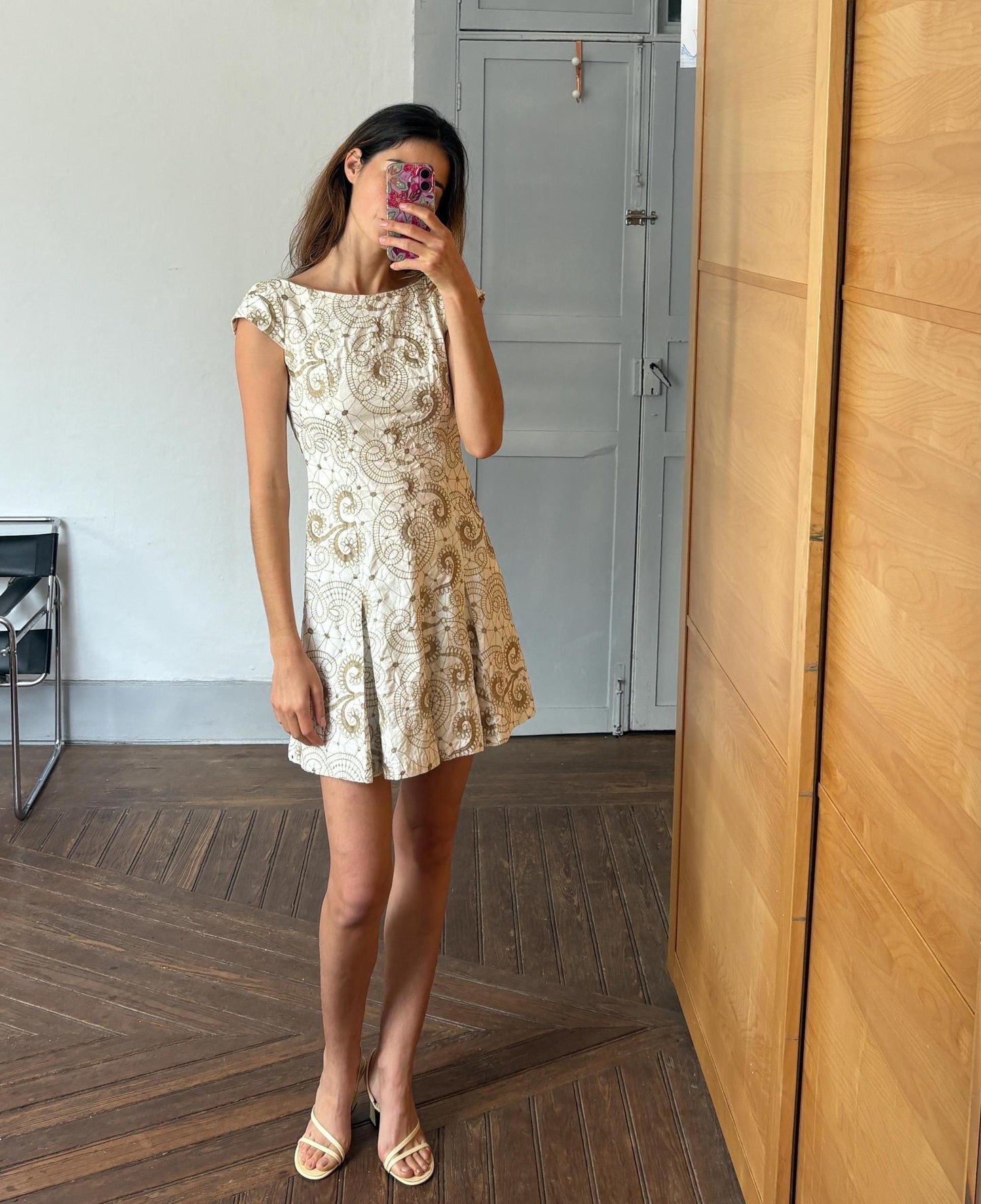 Vintage white embroidered fit and flare summer mini dress with cap sleeves and swirl floral pattern cotton elastane blend