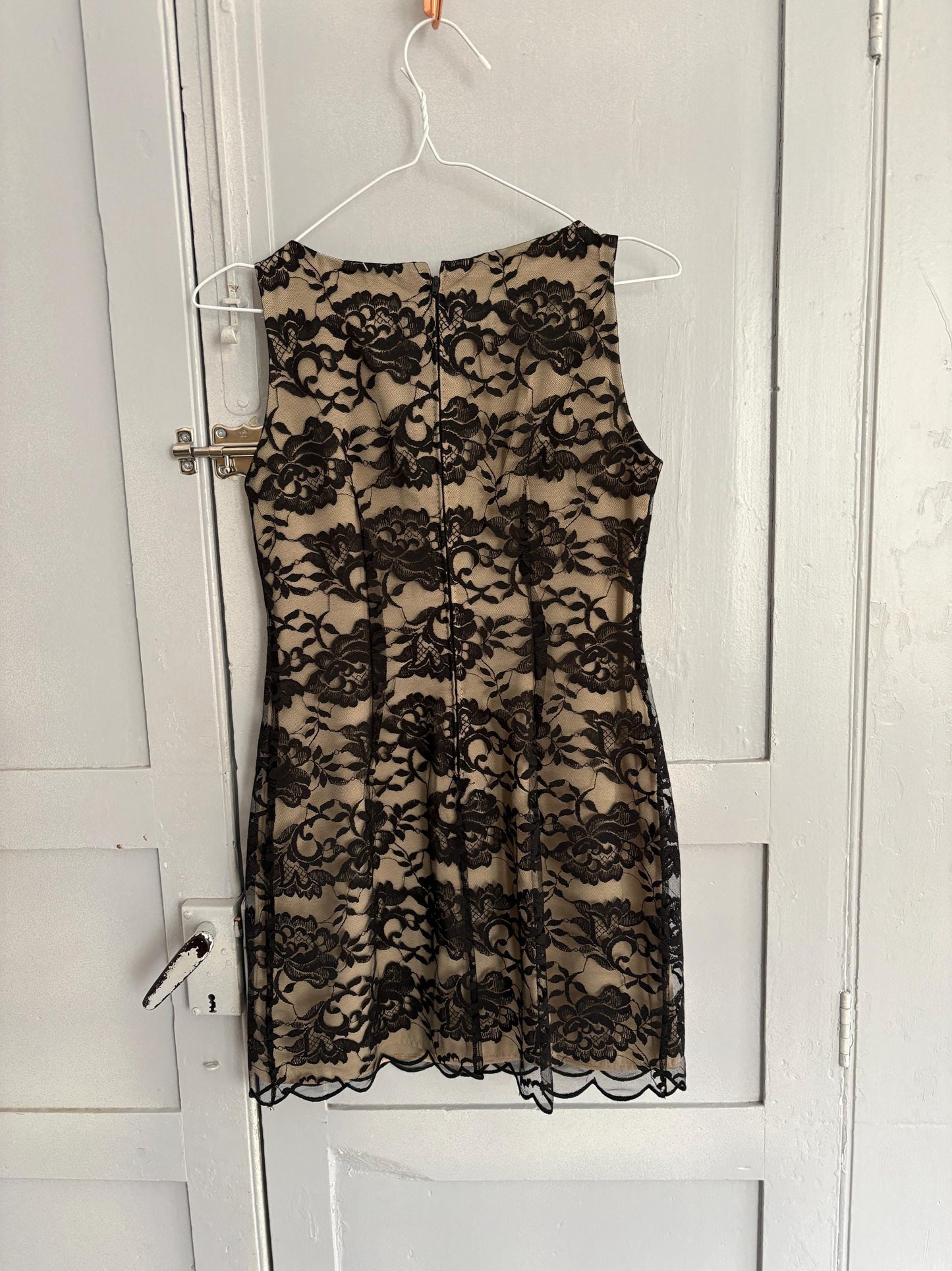 Vintage handmade black lace overlay mini dress with nude lining and floral details, elegant evening party outfit S size