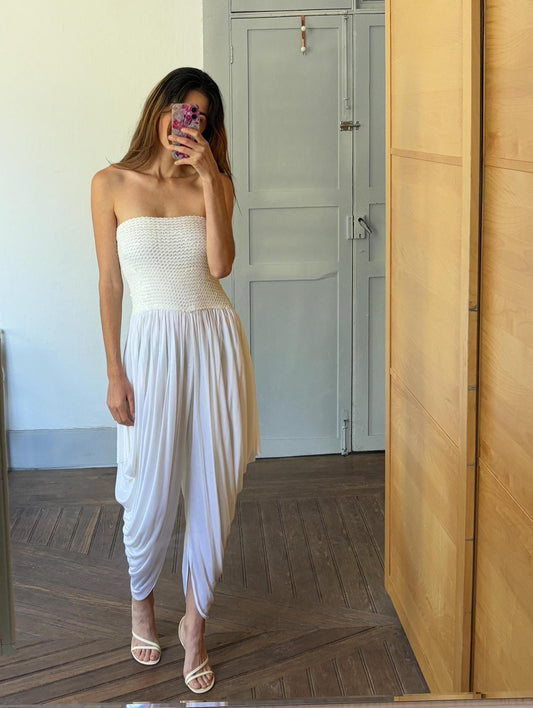 Vintage White Sequin Bandeau Jumpsuit, Draped Harem Leg Romper, Ethereal Boho Wedding Outfit, Elegant Cocktail Party Playsuit, Retro Fashion