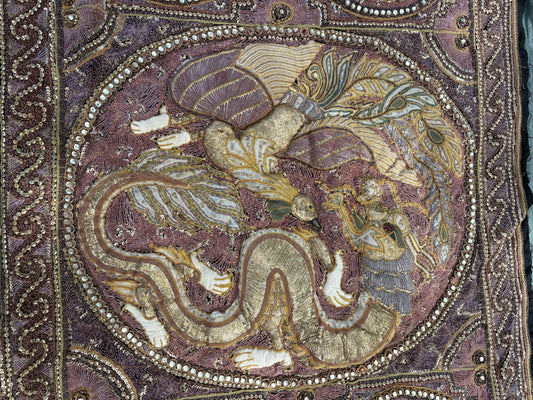 Large Antique Burmese Kalaga Tapestry – Hand-Embroidered Beaded Wall Hanging – Gold Silver Thread Dragon & Peacock – 19th/20th Century