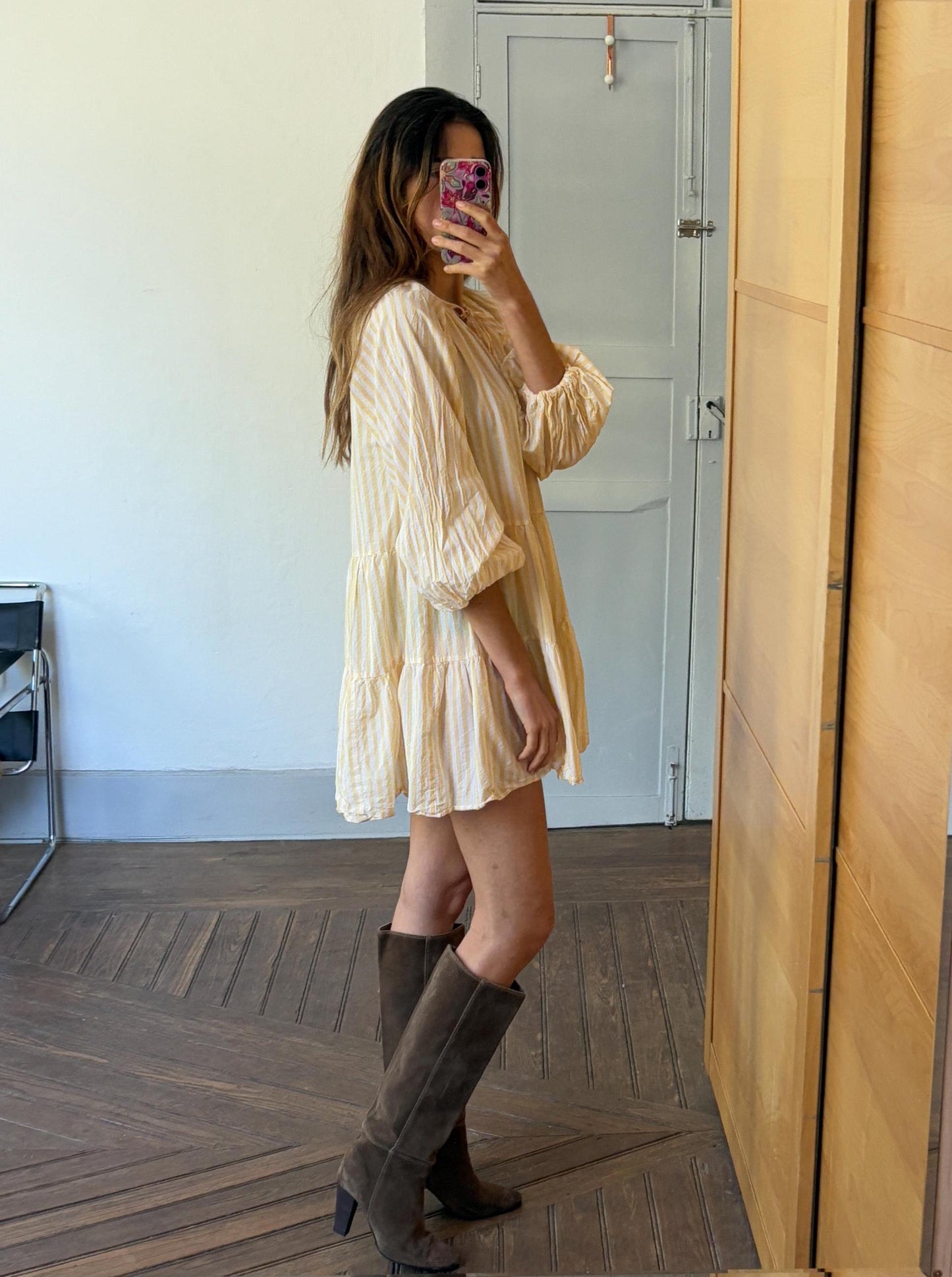 Short yellow and white cute striped mini dress with Puff sleeves, Scandic fashion piece of clothing, Unique short summer dress, Size S