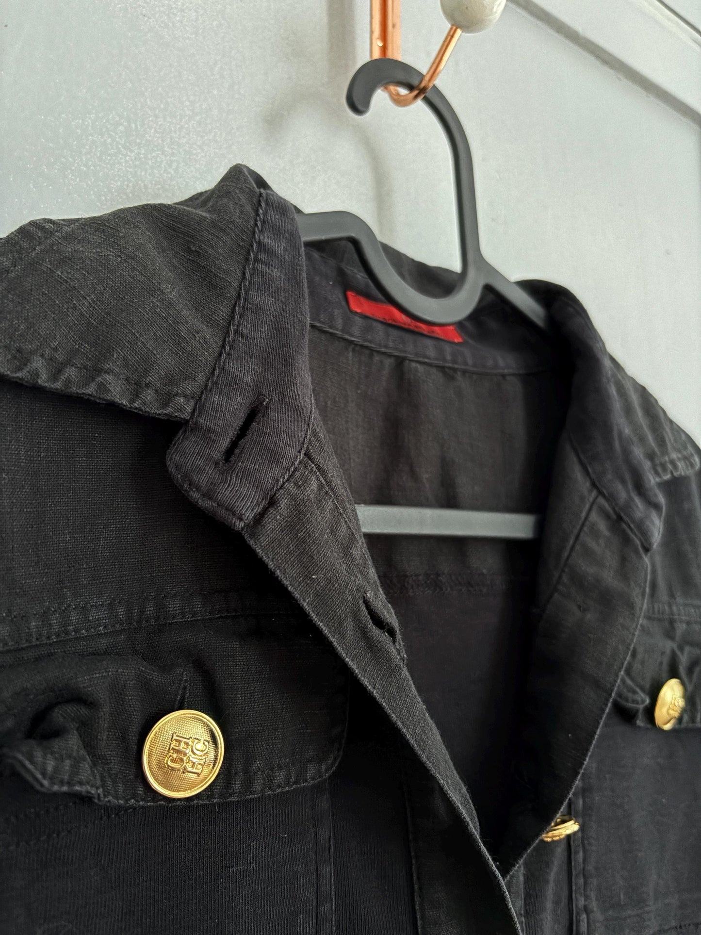 Vintage Carolina Herrera Black Shirt – Gold Button Detail Cotton Polo Style Top Size M